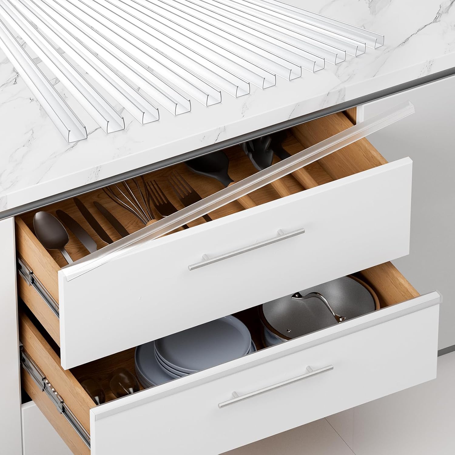 Cabinet Protector Edge Guard (Pack of 12), 24" Clear PVC Cabinet Edge Protectors for 3/4" Thick Kitchen Cabinets Doors – Slip-On No-Tool Sliding Installation 24 Inches 12