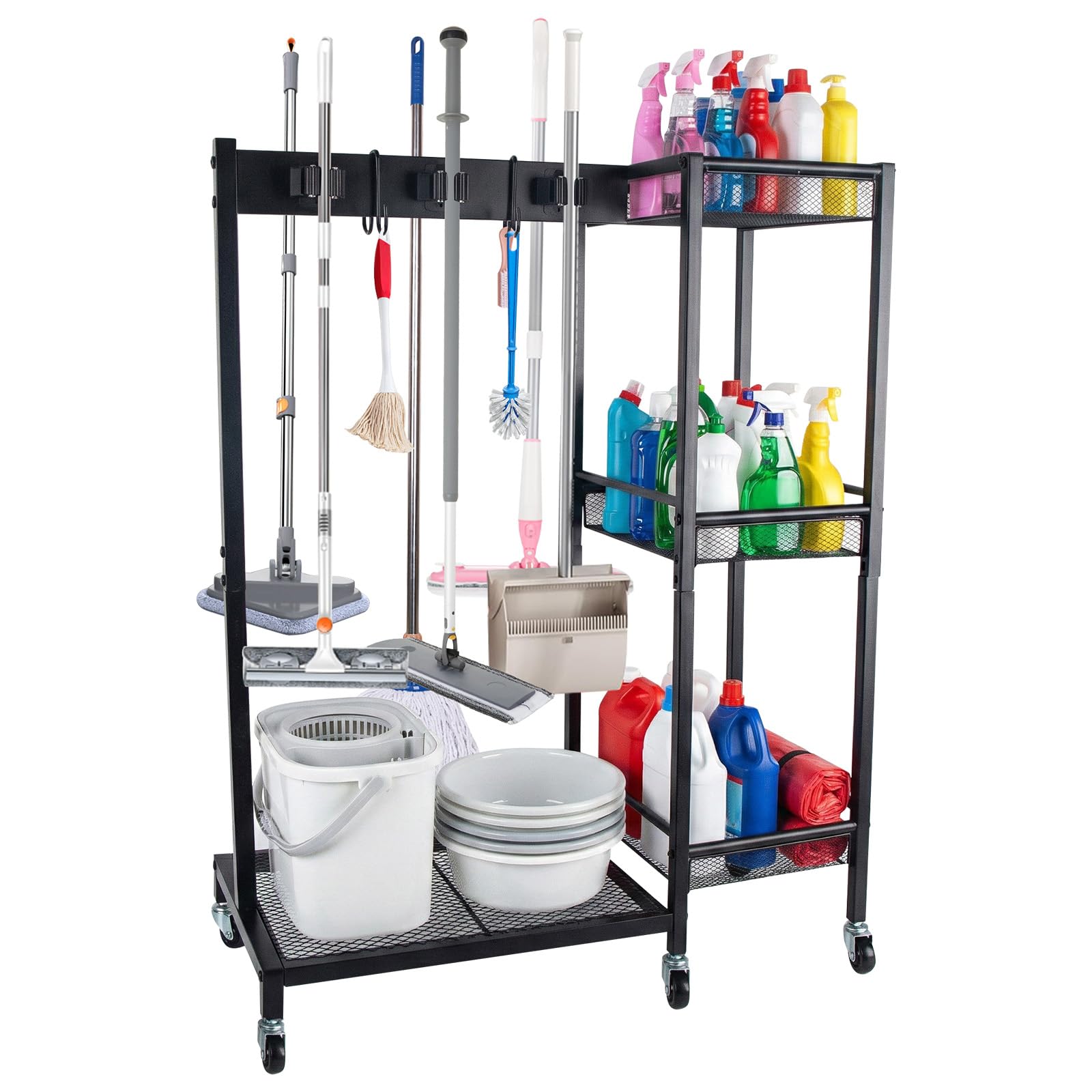 Besenhalter Reinigungswagen Organizer, Mobiler Putzwagen mit 6 Mopp-Aufhängern & 3 Doppelhaken, Haushaltswagen Besen- und Mopphalter fur Haushalt Gewerbe 25.6 × 11.8 × 33.5in
