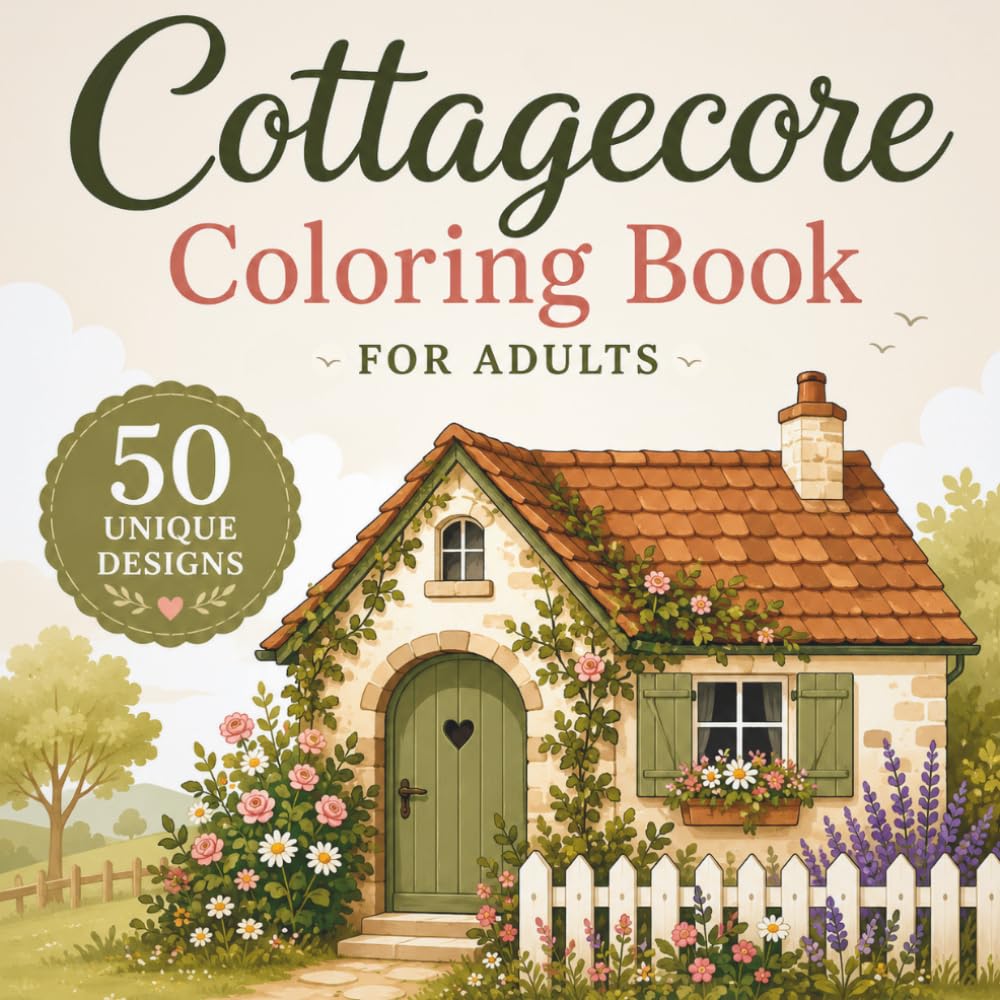 Cottagecore Coloring Book: 50 Cozy Countryside Escapes Featuring Charming Cottages, Blooming Gardens, Woodland Friends, Vintage Treasures & Relaxing Nature Scenes for Adults