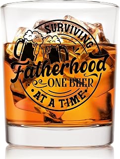 Voatok Dad Whiskey Glasses 10 oz, Funny Dad Gifts for Father's Day from Kids, Surviving Father Hood One Beer at a Time Old Fashioned Rocks Glasses for Men Drinking Scotch Bourbon Cocktail Liquor Vodka