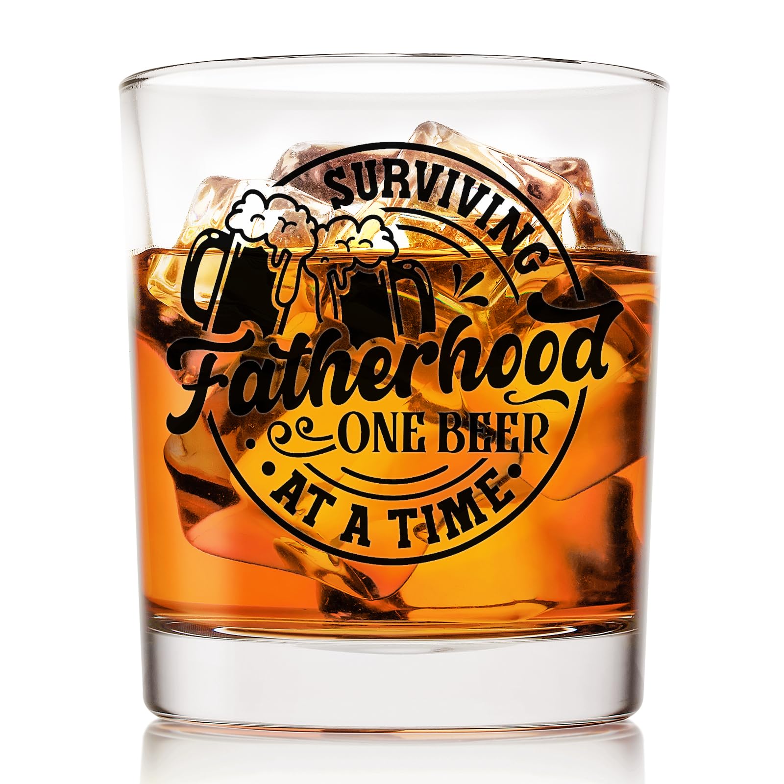 Voatok Dad Whiskey Glasses 10 oz, Funny Dad Gifts for Father's Day from Kids, Surviving Father Hood One Beer at a Time Old Fashioned Rocks Glasses for