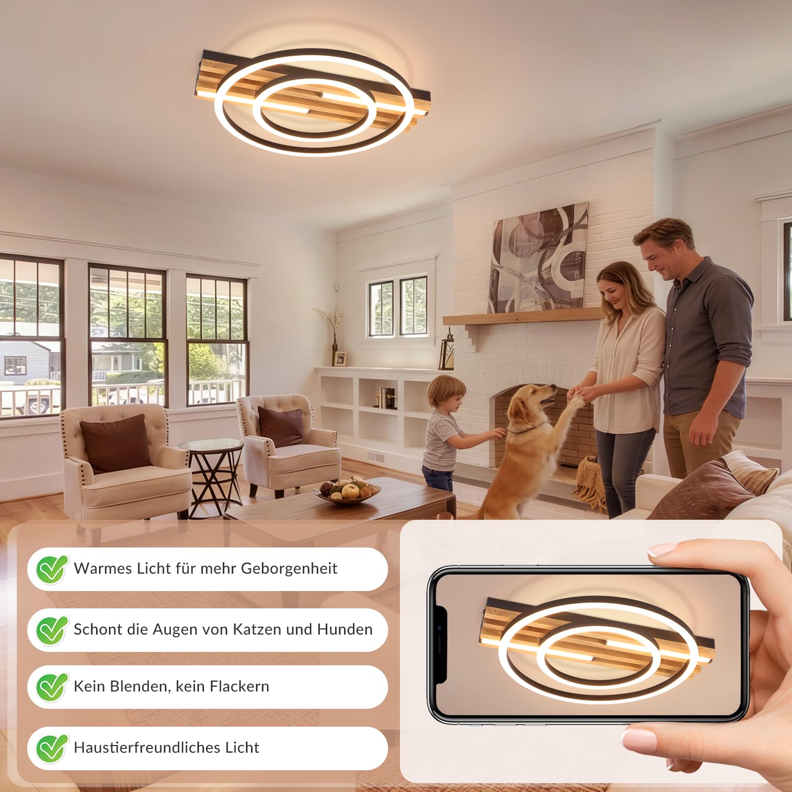 GBLY LED Deckenlamape Holz Deckenleuchte Dimmbar 38CM Schlafzimmer Lampe | 34W Ring Modern Schwarz Metall Fernbedienung Design für Schlafzimmer Wohnzimmer Küche Esszimmer Büro Lampe Memory Funktion