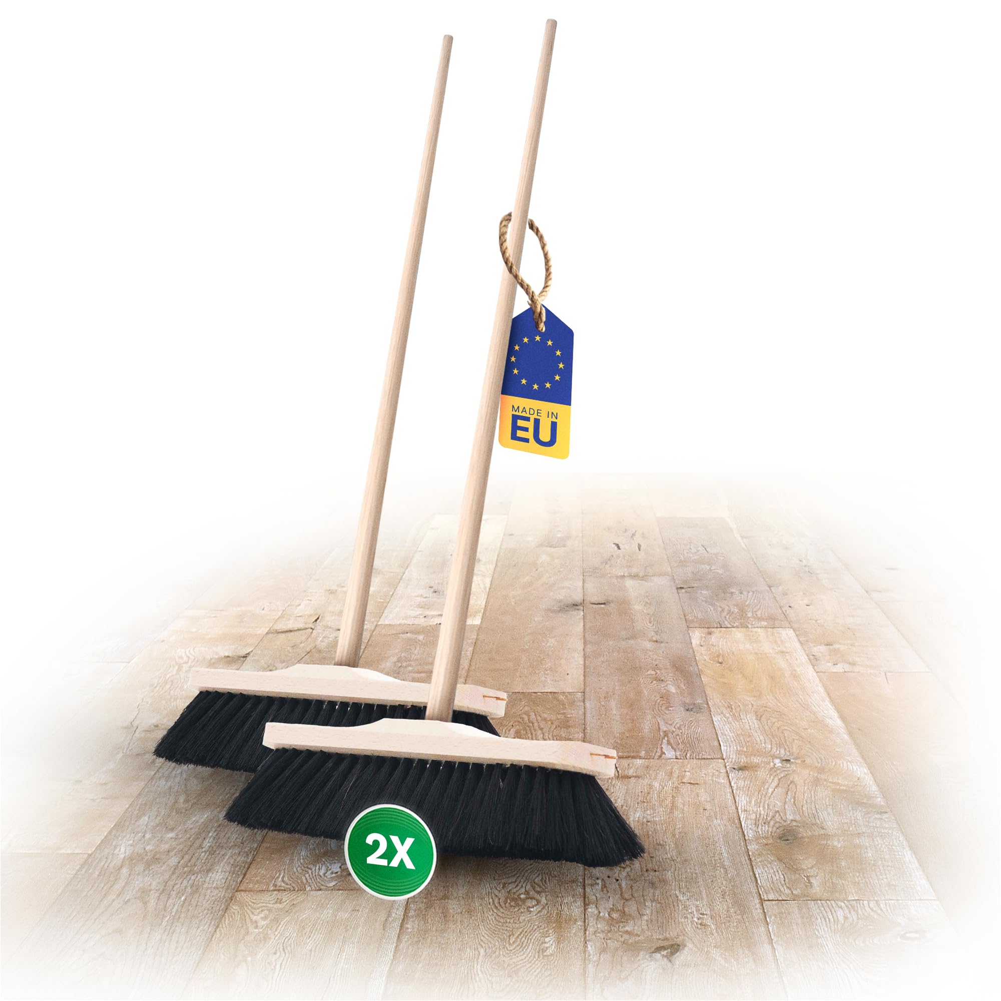 Novaliv 2 escobas de habitación con mango auténtico, cerdas suaves, con mango de madera, escobas mixtas de crin, para laminado y parqué, cerdas naturales