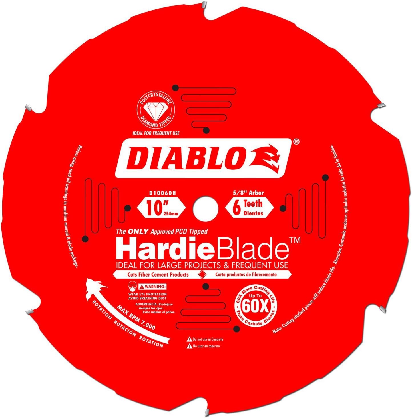 HardieBlade Saw Blade for Fiber Cement - 10" Diameter, 6 TCG (PCD) Teeth, 5/8" Arbor, .087" Kerf, 10° Hook Angle, .063" Plate, 6000 Max RPM - D1006DH