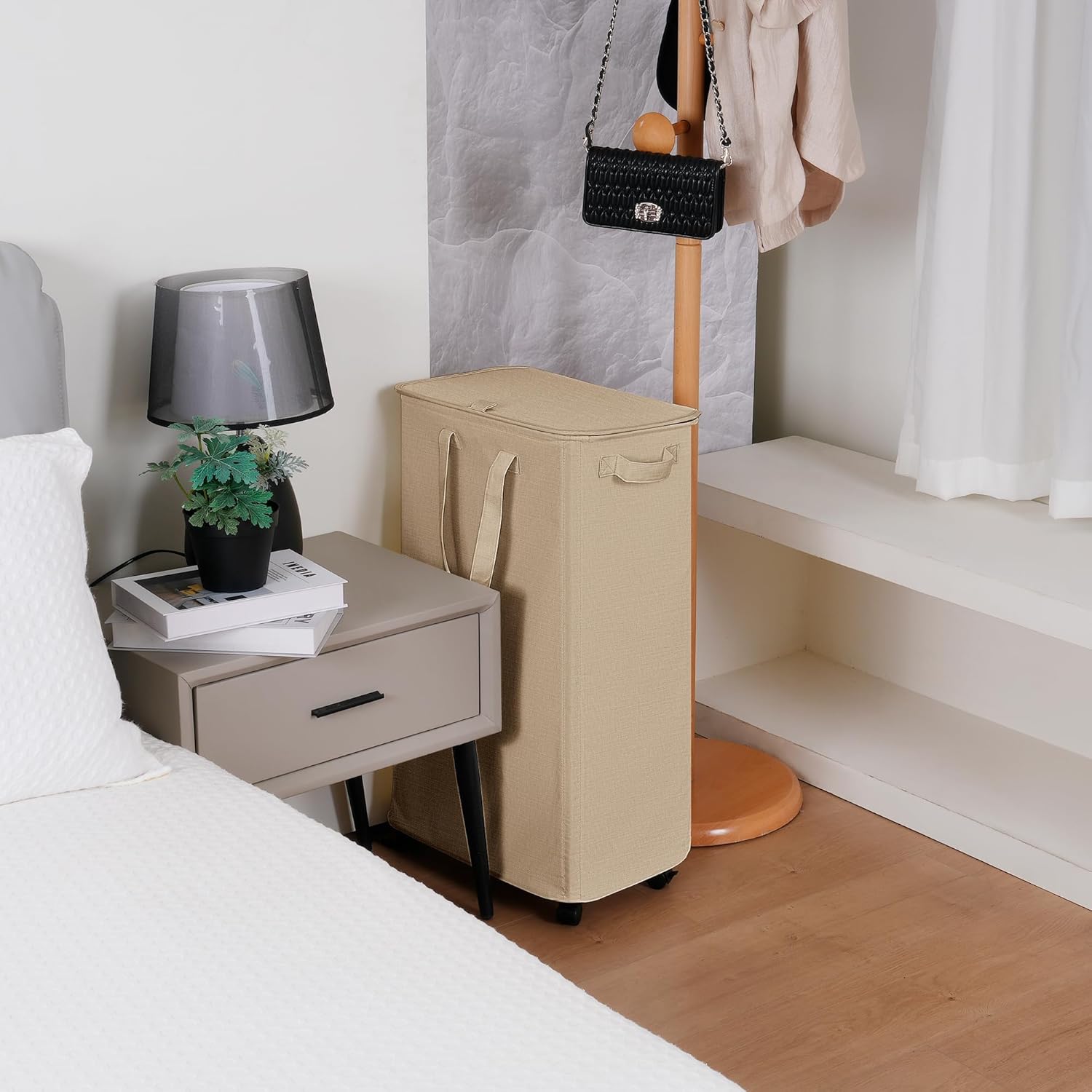 Vincona Slim Laundry Hamper with Lid and Wheels, Small Rolling Laundry Basket with Handle for Small Spaces, Tall Dirty Clothes Hampers for Dorm, Bathroom and Bedroom, 75L, Oatmeal