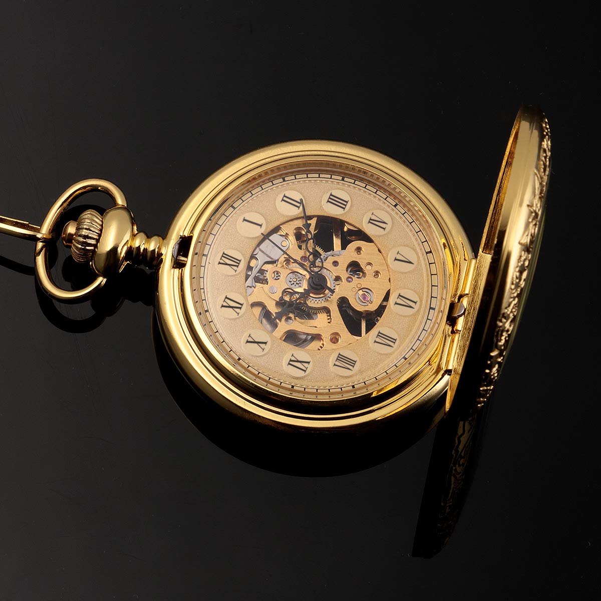 ManChDa Relojes de Bolsillo mecánicos de Doble Cubierta con números Romanos, Esfera de Esqueleto Grabado, con Caja y Cadena, Grabado Personalizado