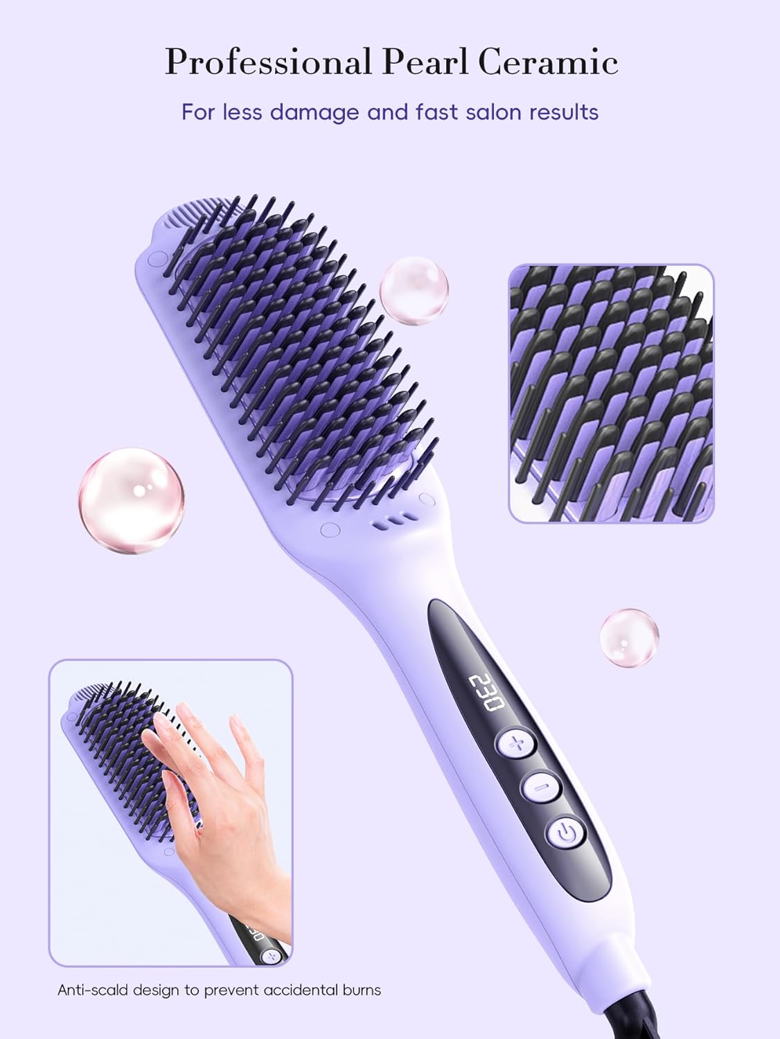 LANDOT Hair Straightener Brush for Damaged Hair - Keratin & Argan Oil Coated Bristles, Ionic Ceramic Straightening Brush to Reduce Frizz & Nourish Hair, Dual Voltage, 12 Temp 250-450F, Purple - Image 3