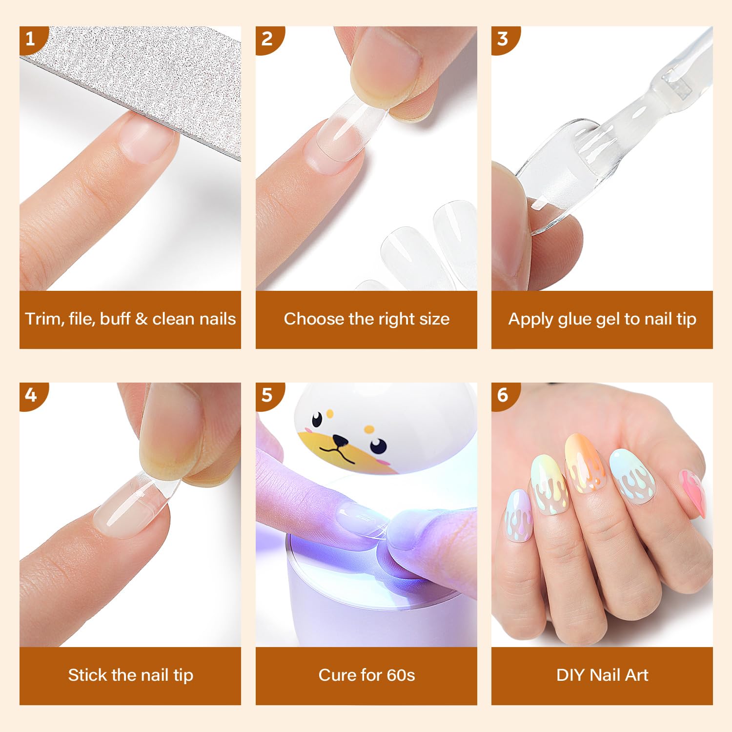 Nicedeco Medium Square Fake Nail Tips, 504Pcs Medium Soft Gel Nail Tips Pre Etched Half Matte Full Cover Clear Acrylic Gel Kit False Press on - 018