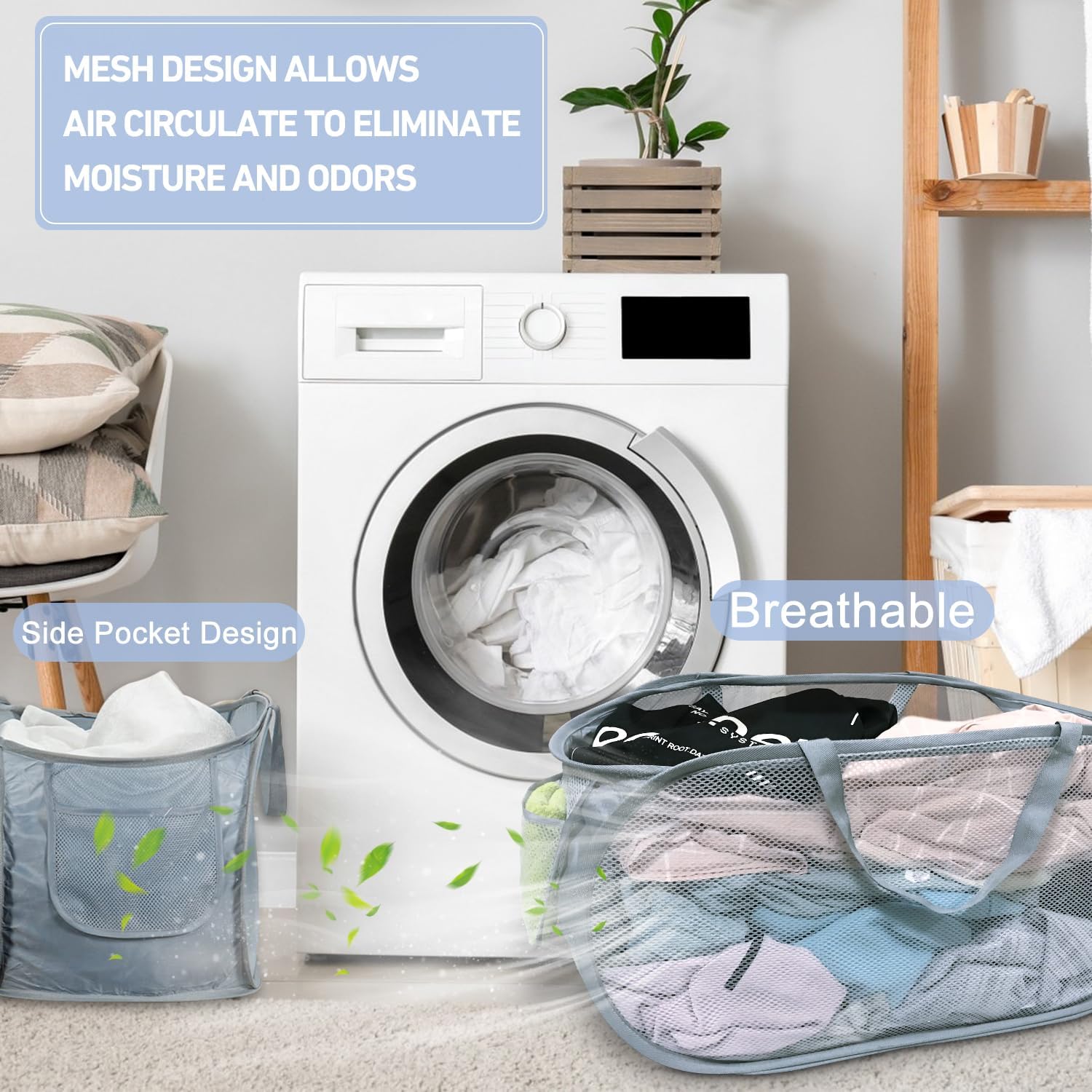 4PCS Mesh Laundry Hamper,Collapsible Laundry Baskets,75L Large Foldable Dirty Laundry Clothes Hamper Storage Basket Horizontal with Side Pocket&carry Handle for Home Travel grey Emerald