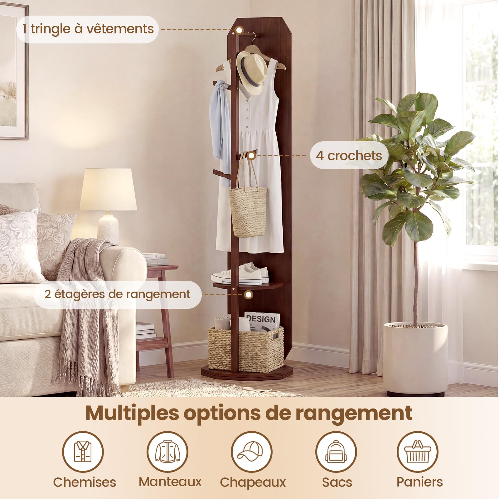 COSTWAY Miroir sur Pied, Grand Miroir avec Porte-Manteau, Base Pivotante à 360°, Cadre en Bois Massif, 2 Étagères de Rangement, 4 Crochets, Barre, pour Chambre Salon (39,5 x 39,5 x 166,5 cm,Noyer)