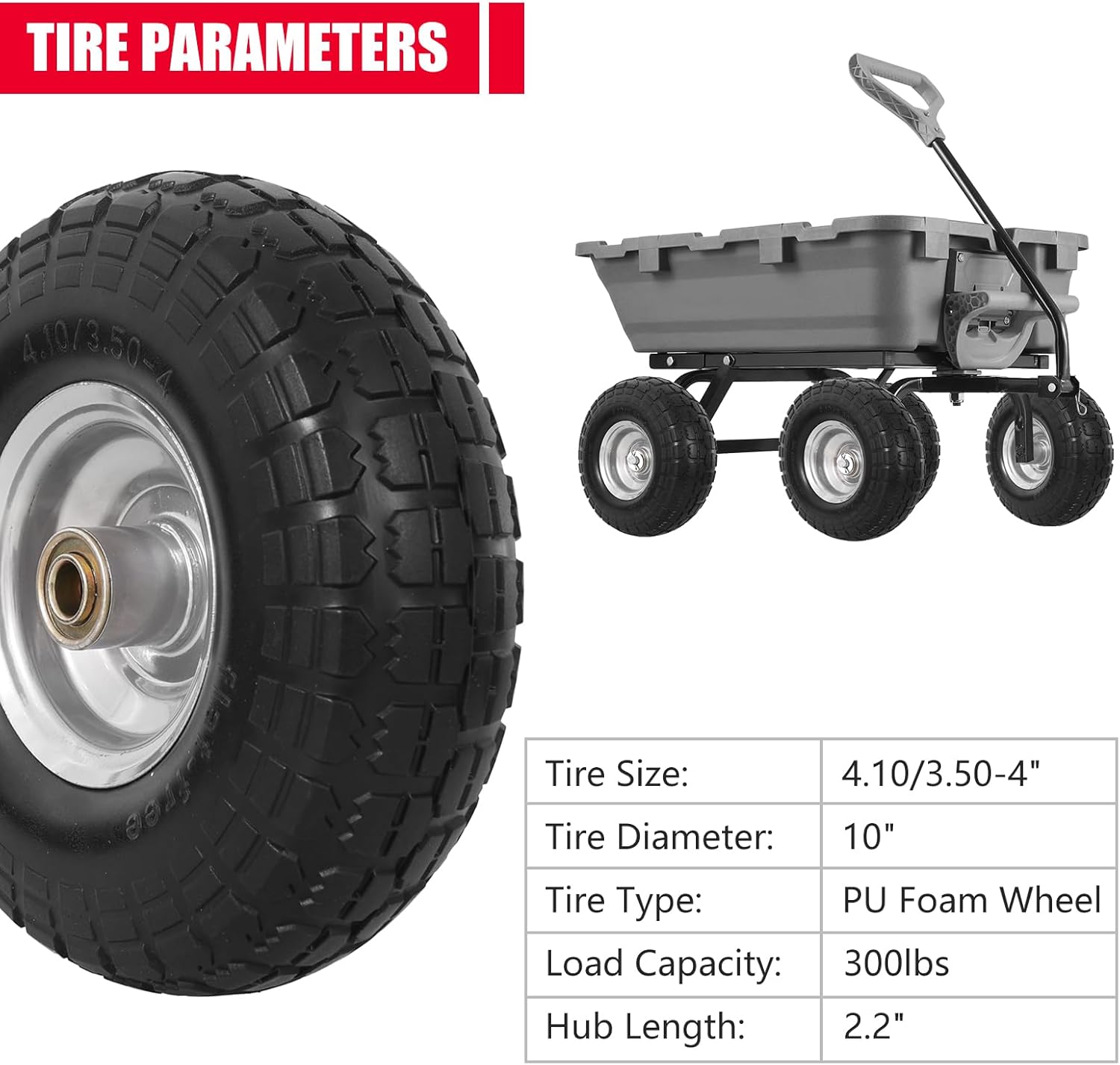 4.10/3.50-4 Flat Free Tire and Wheel, 4 Pack 10" Solid PU Heavy Duty Tires with 300LB Load Capacity, 5/8" Axle Bore Hole & 2.2" Offset Hub for Wagon Dolly Garden Cart Wheelbarrow Parts