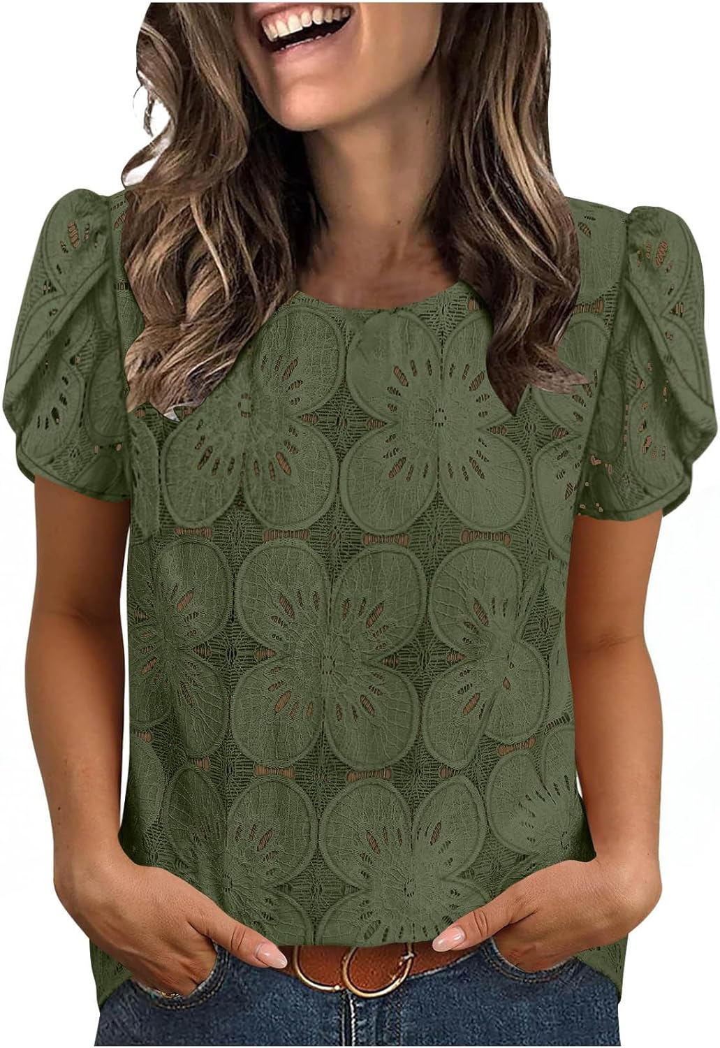 Womens Floral Eyelet Lace Blouse Puff Short Sleeve Crew Neck Crochet Shirts Summer Boho Casual Vacation Outfits