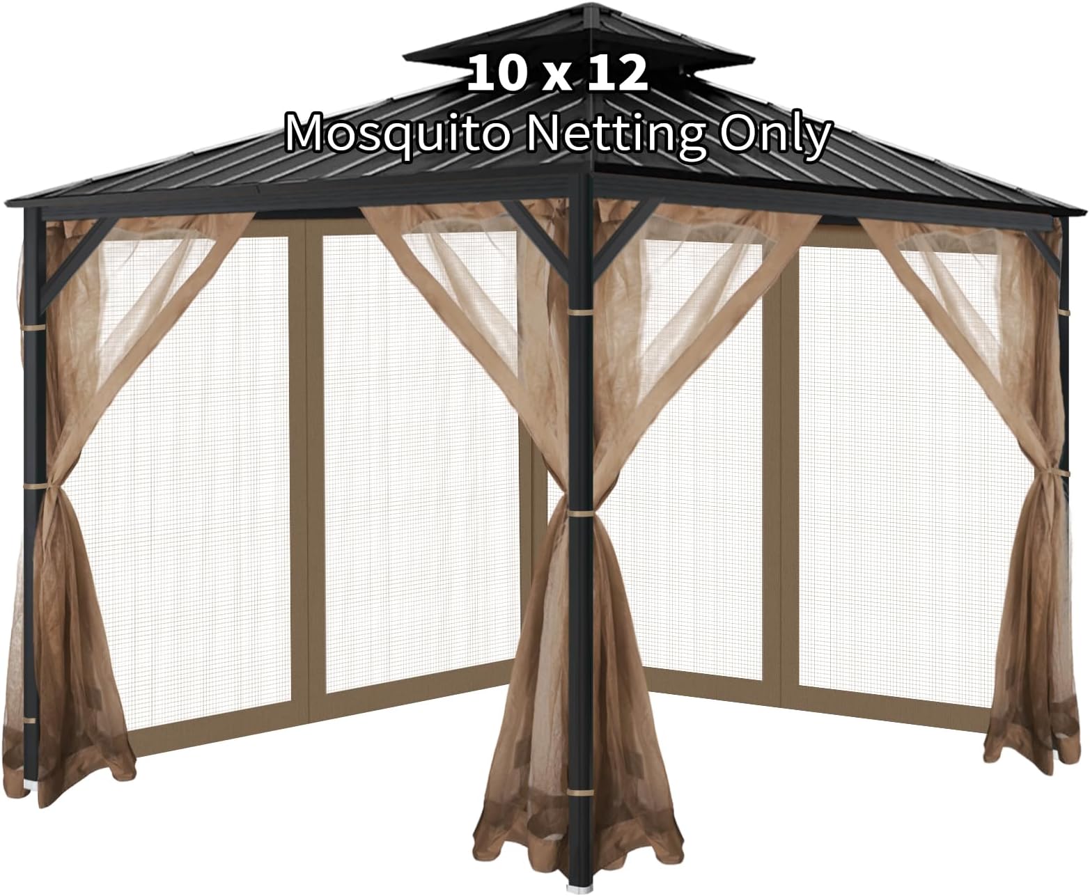 Gazebo Universal Replacement Mosquito Netting, 10'x12' Gazebo Netting Outdoor, 4-Panel Screen Walls for Outdoor Patio with Zipper (Mosquito Net Only) (Brown)
