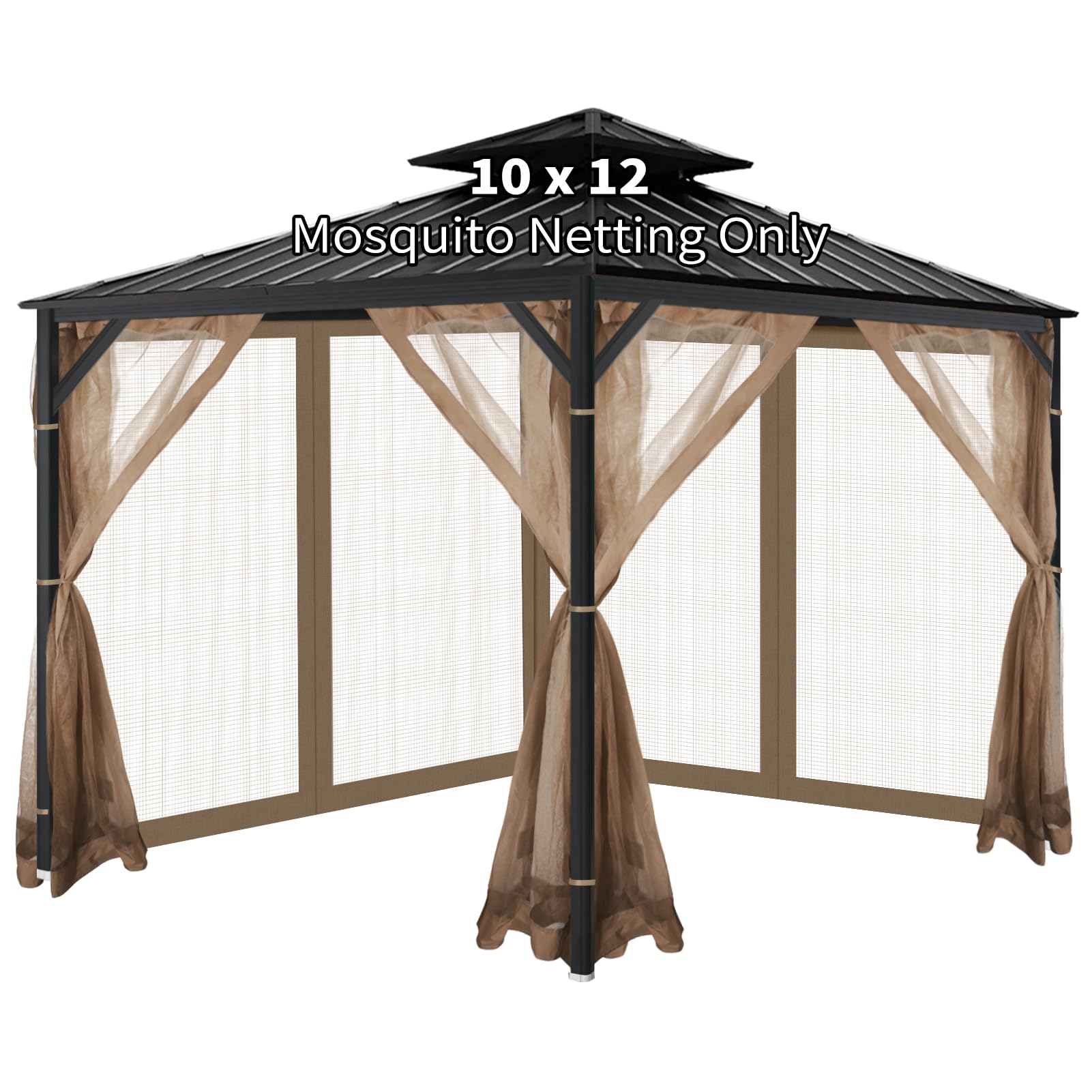 Gazebo Universal Replacement Mosquito Netting, 10'x12' Gazebo Netting Outdoor, 4-Panel Screen Walls for Outdoor Patio with Zipper (Mosquito Net Only) (Brown)