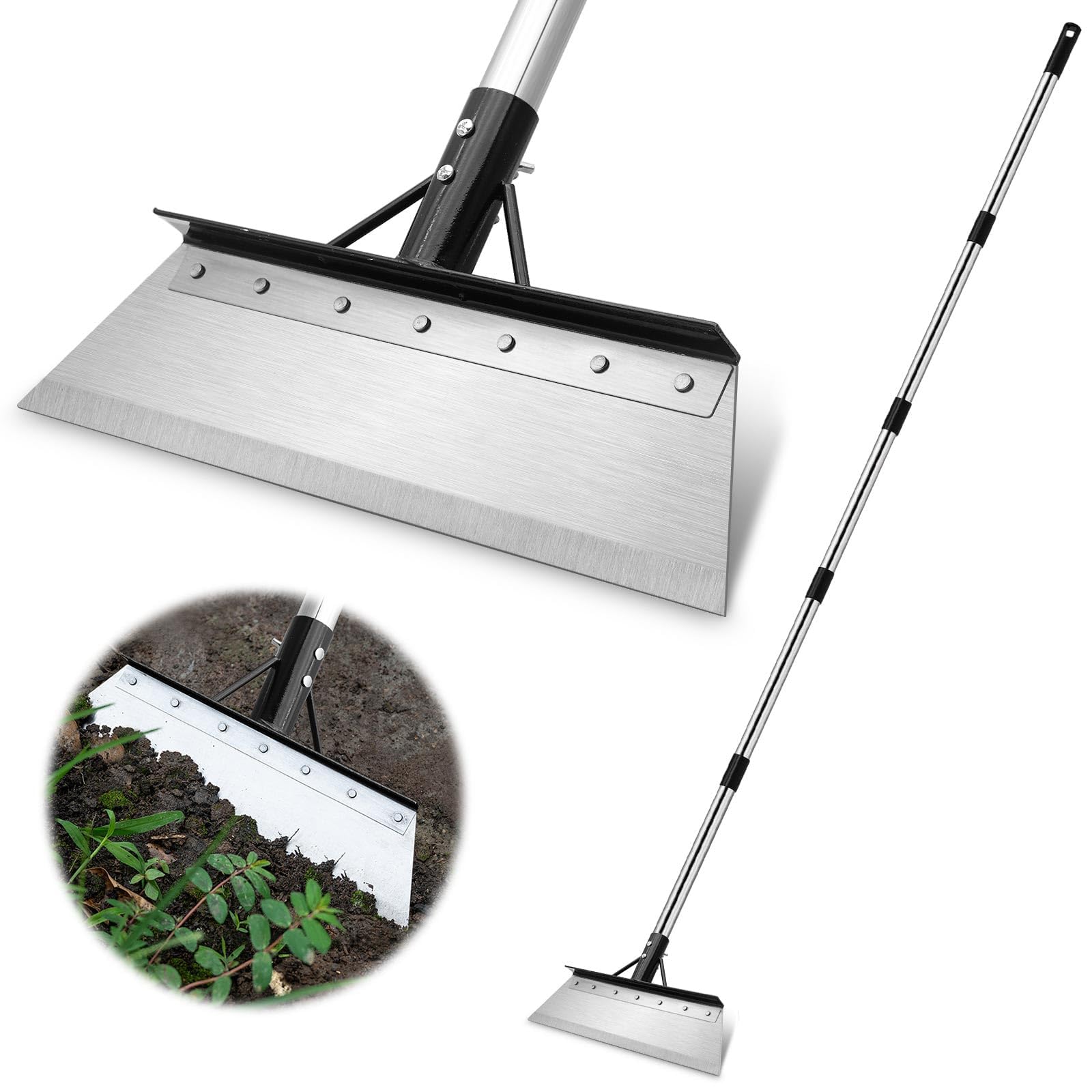 Pala de jardín con mango ajustable de 5 secciones de 200 cm y guantes, azada de acero inoxidable resistente, hoja de 38 cm de ancho para jardinería, paisajismo, nieve y eliminación de tierra
