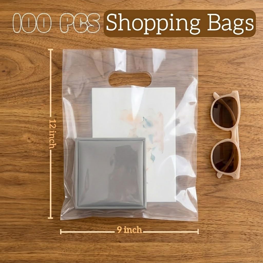 100 Pcs Plastic Bags With Handles 9x12, Clear Gift Bags Shopping Merchandise bags for Small Business Retail Stores Gifts (Yellow)