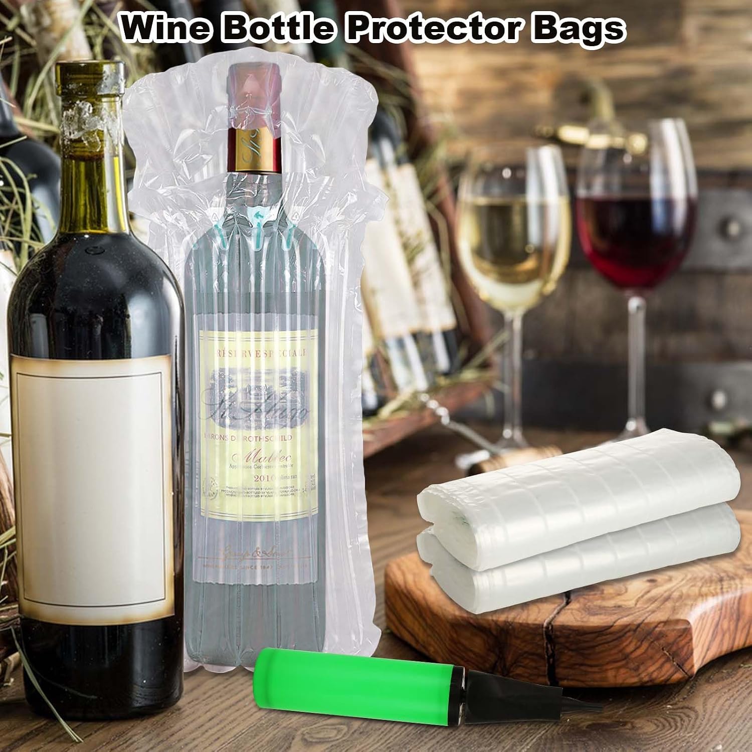 100PCS Wine Bottle Travel Protector Bags With Pump, Inflatable Wine Bags For Travel, Wine Shipping Sleeves Air Column Packaging Bubble Bag for Wine Transport, Airplane Travel, Bottle Shipping Packing