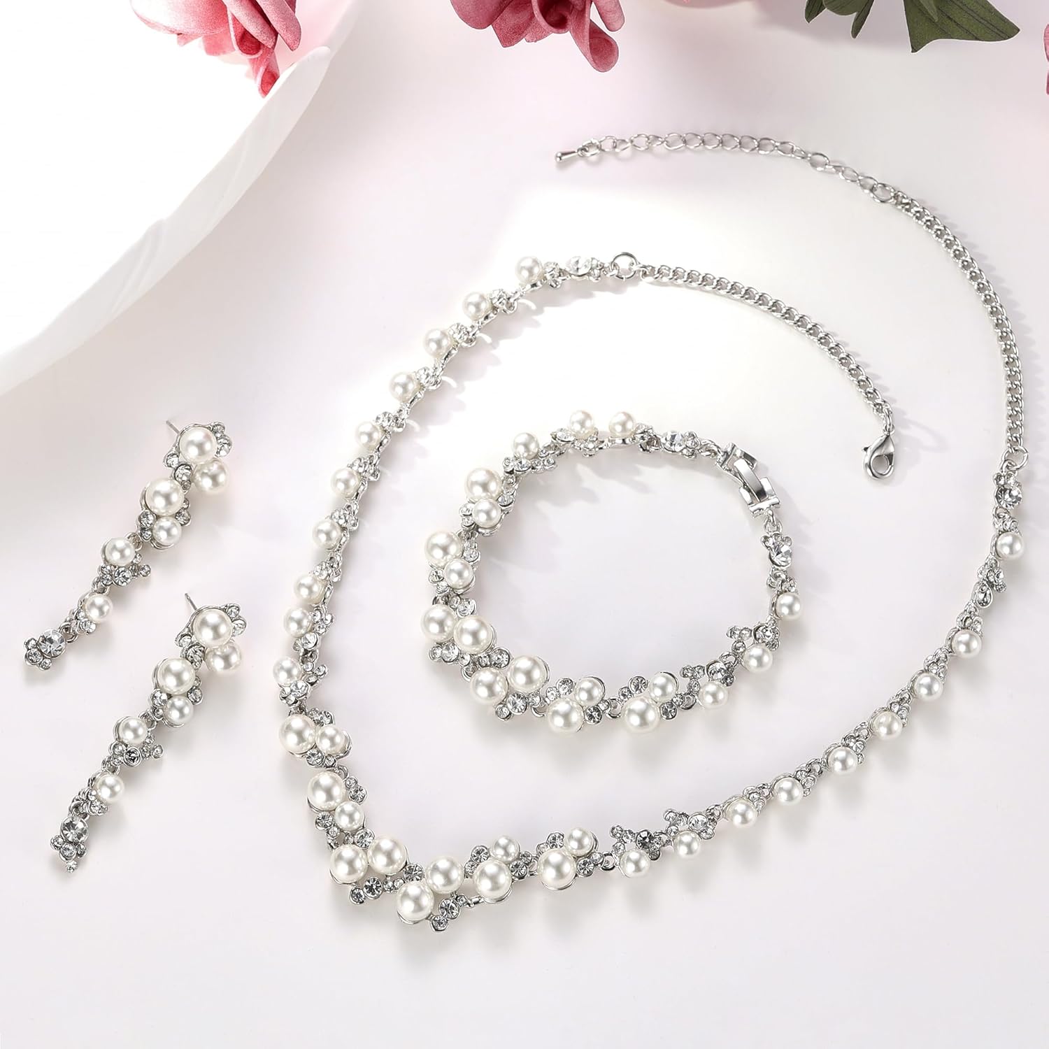 EVER FAITH Simulated Pearl Crystal Bridal Necklace Earrings Bracelet Set Clear