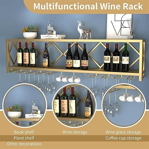 Miniatura 8 de Estante de vino dorado montado en la pared, multifuncional, soporte para copas de vino de hierro, estantes flotantes para bar en casa, comedor,