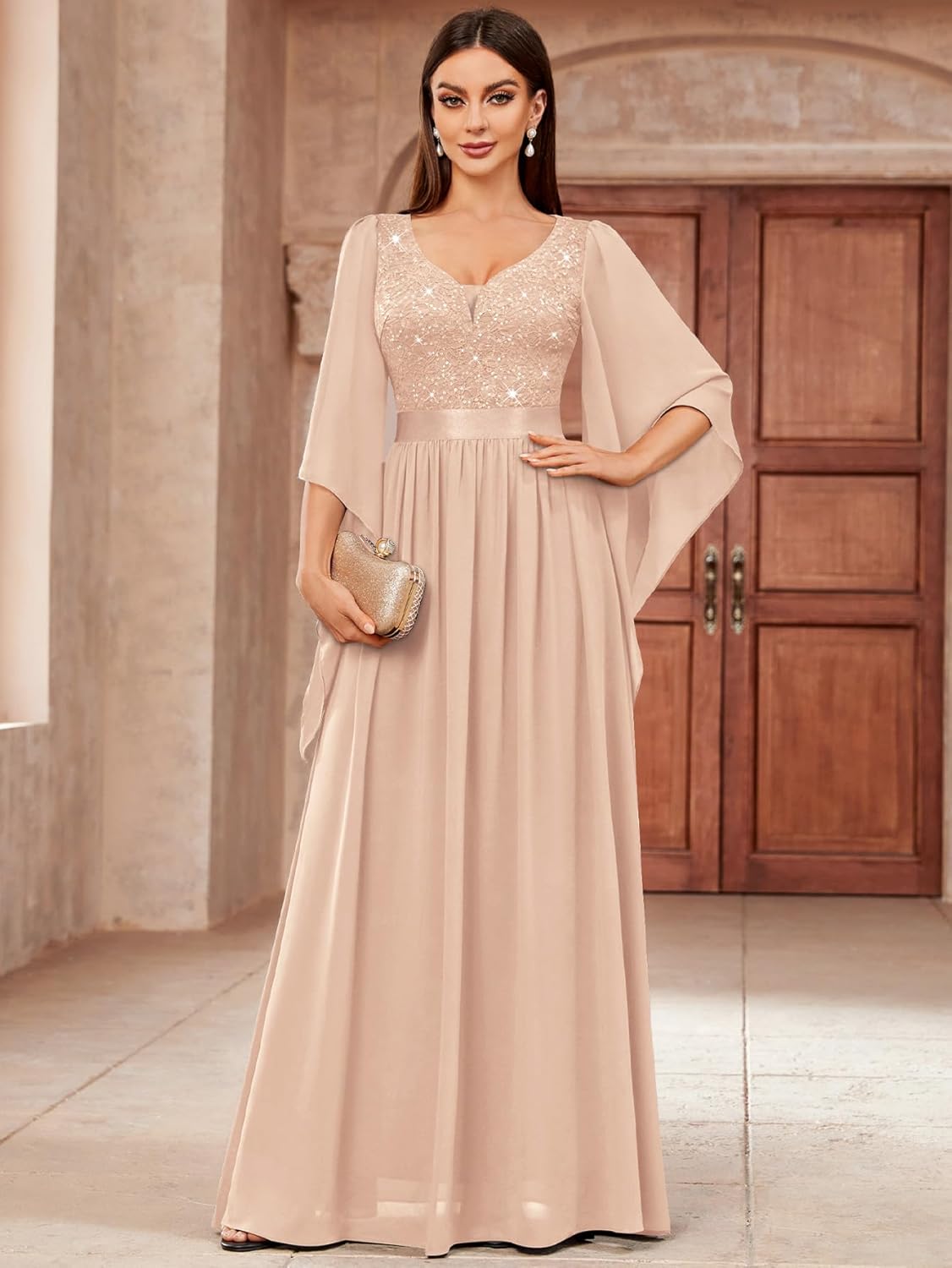 Miusol Women's Deep-V Neck Lace Contrast Sequin 3/4 Sleeve Formal Evening Maxi Dress - Image 3