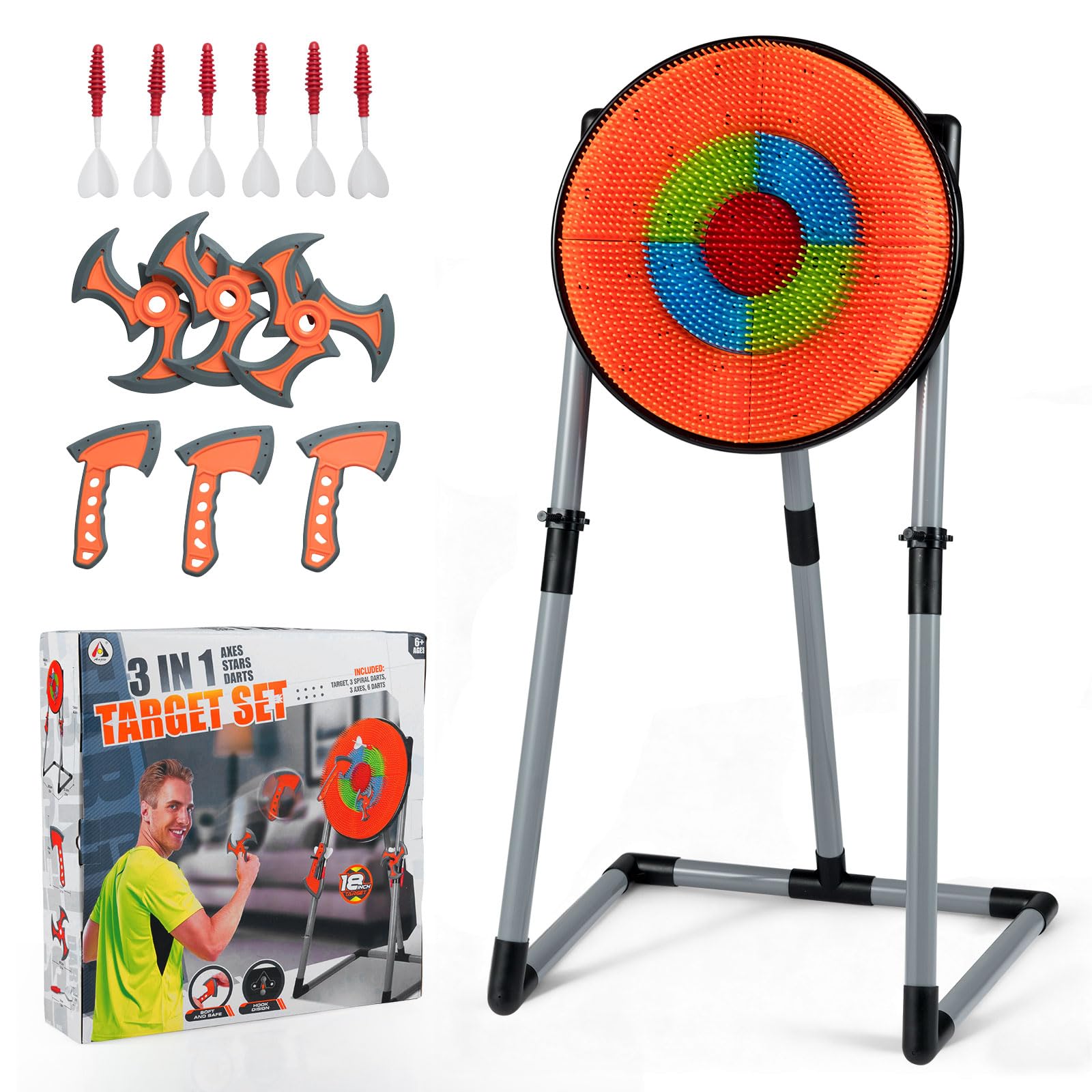 COSTWAY Throwing Target Set, Kids Throwing Game with PVC Frame & Hanging Hooks, Indoor Outdoor Sport Toy Gift for Ages 6+ (with 3 Throwing axes, 3 Ninja Darts, 6 Darts, Orange+Grey)