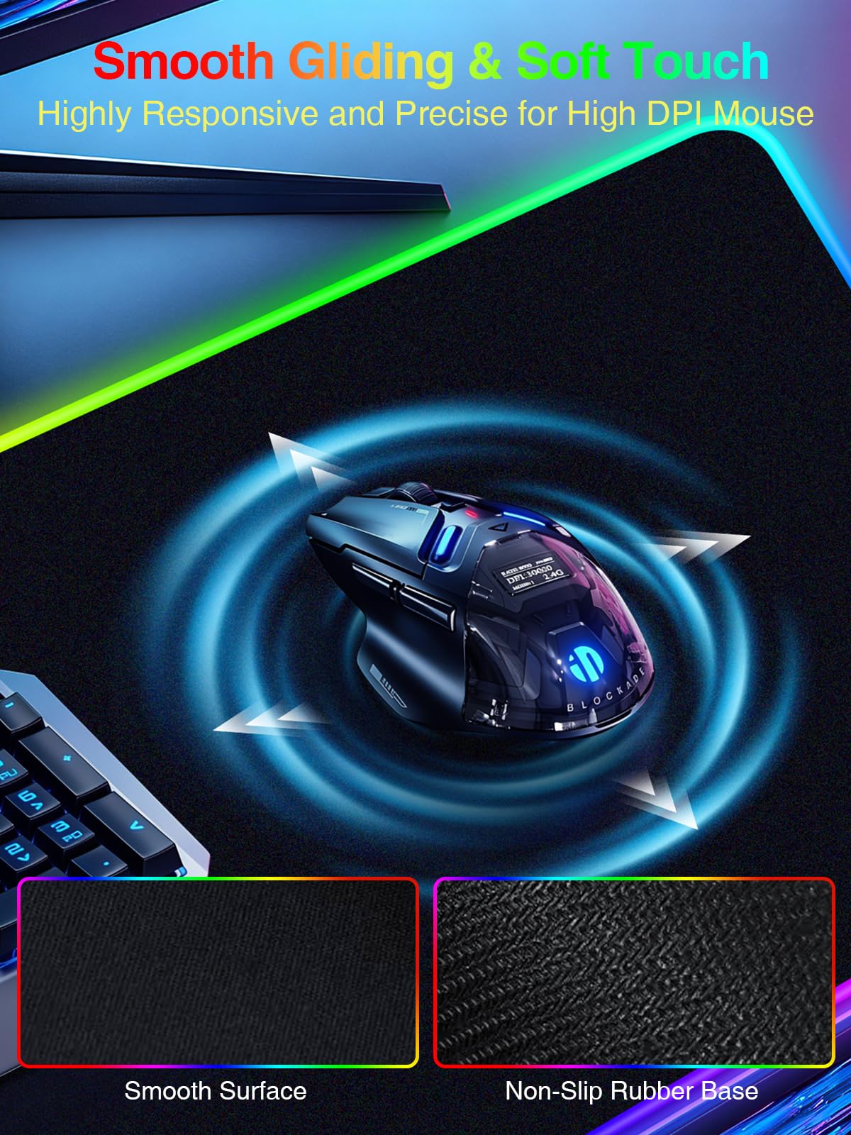 Tappetino per mouse con ricarica wireless, 80 x 40 cm, grande tappetino da scrivania per gaming, 24 effetti di luce, base antiscivolo, impermeabile, superficie liscia