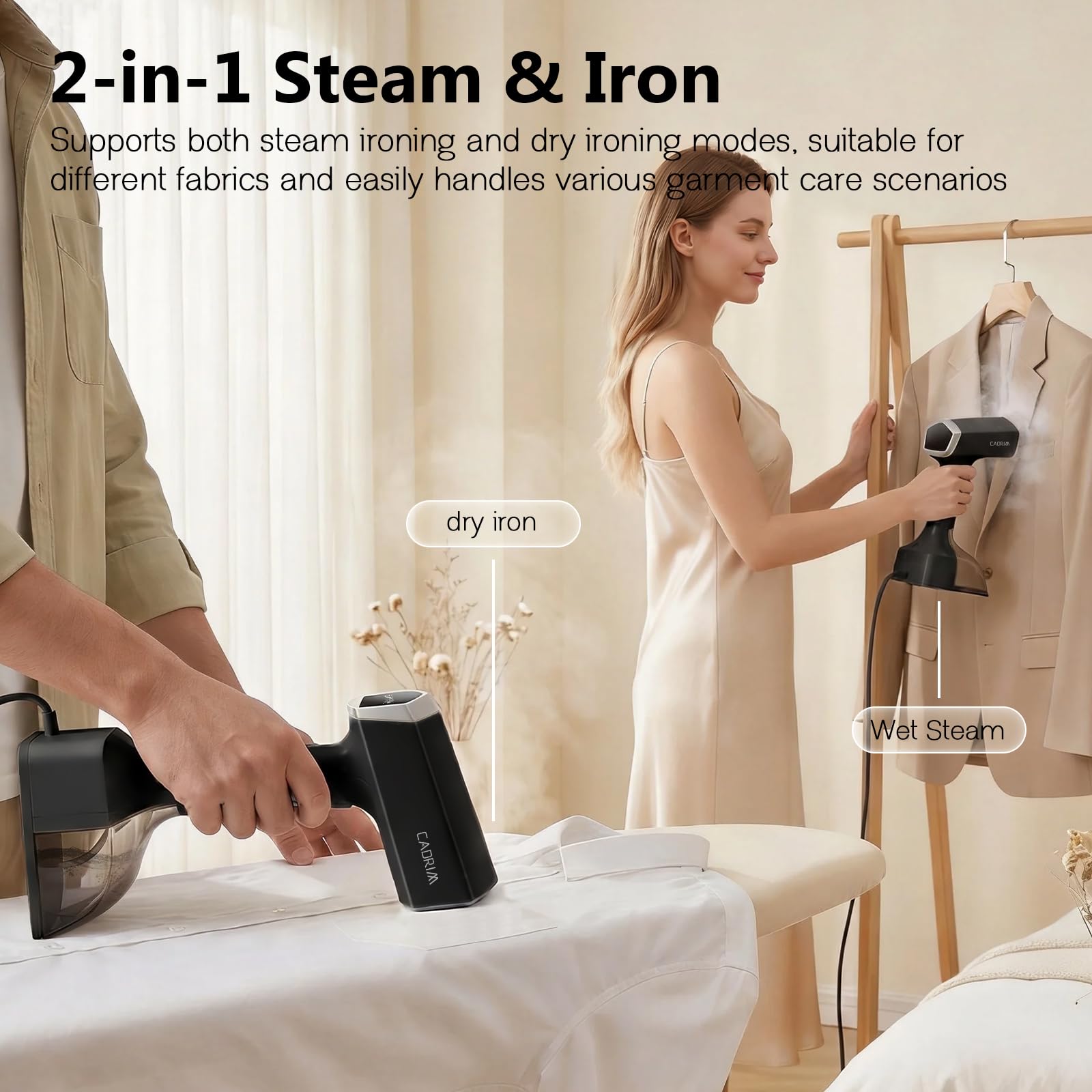 Cadrim Steamer - Piastra a vapore, 1800 W, potente 2 in 1, ferro da stiro a vapore portatile da 350 ml, potenza vapore 45 g/min, 3 livelli di vapore, vaporizzatore da viaggio per casa, ufficio (nero)