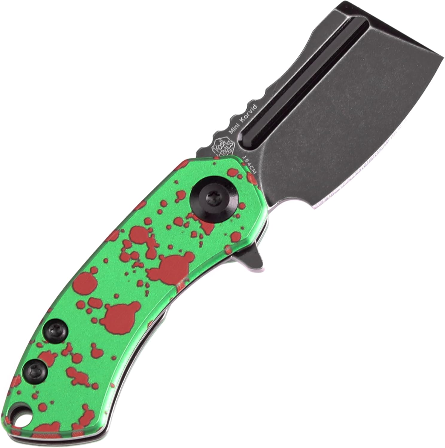 KANSEPT Knives Mini Korvid Mini Pocket Knife for Men 1.45'' Black Stonewashed 154CM Cleaver Blade,Zombie Green Anodized Aluminum Handle,EDC Folding Knife with Flipper T3030P1