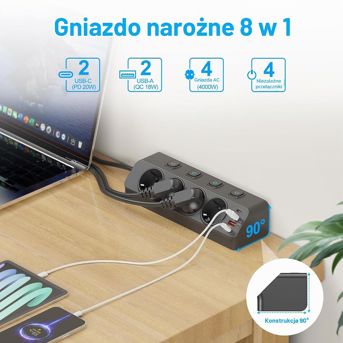 FDTEK 4-krotne gniazdko wtykowe z wtyczką płaską, 20 W, pojedyncze, 4000 W, 16 A, listwa zasilająca z USB C, gniazdko stołowe z przełącznikiem, gniazdko na biurko, montaż ścienny, kabel 2 m
