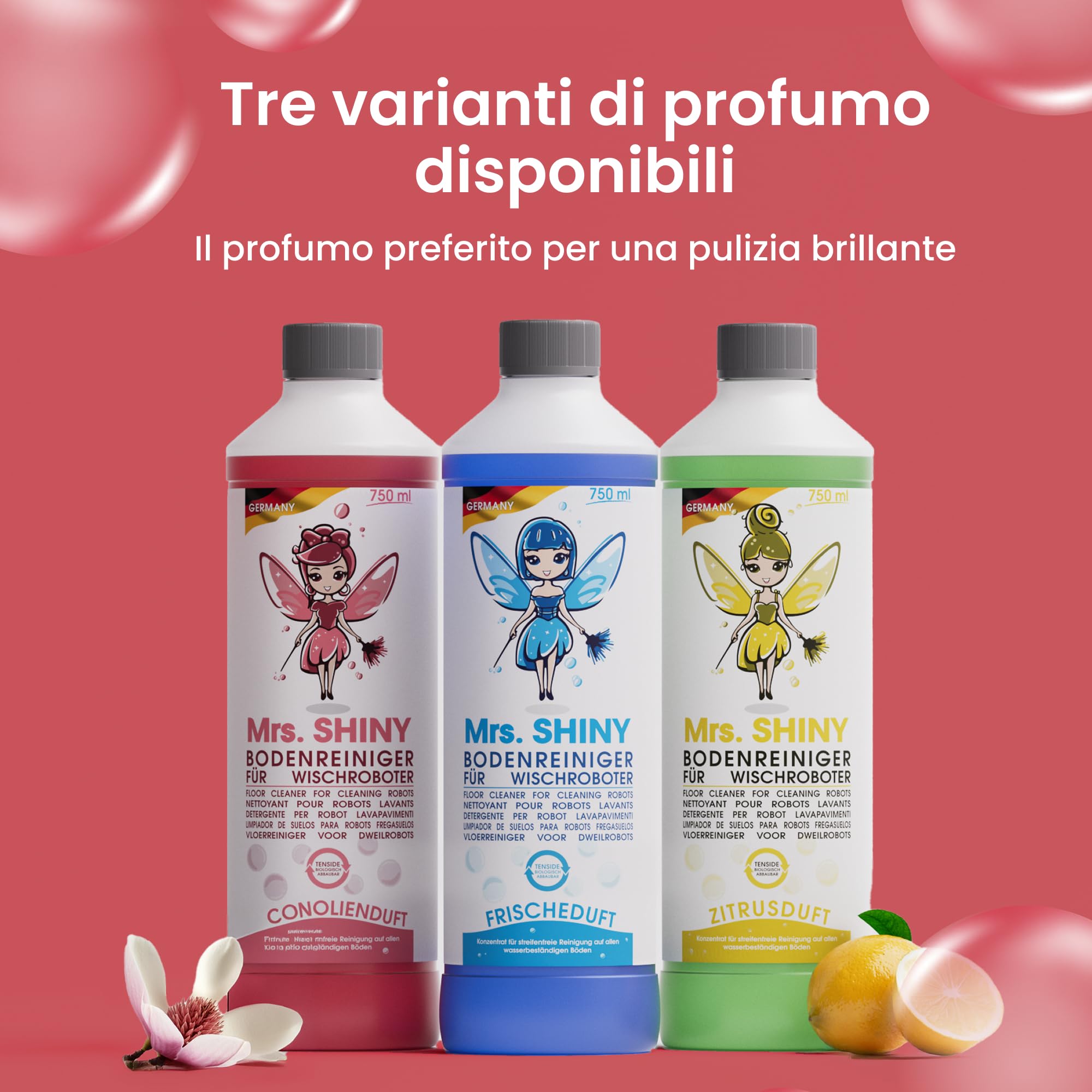 Mrs. SHINY - Detersivo per lavapavimenti con fragranza di magnolia - Pulizia senza striature e asciugatura rapida - Compatibile con vari modelli di lavapavimenti - 750 ml