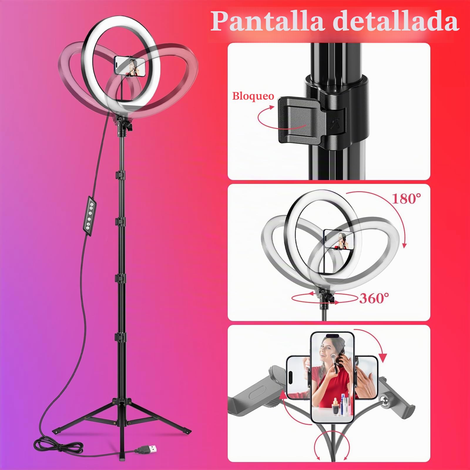 Aro de Luz con Tripode, 10" Ring Light con Modo RGB y Control Remoto – Ideal para Selfies, Vídeos, Fotografías y Transmisiones en Directo