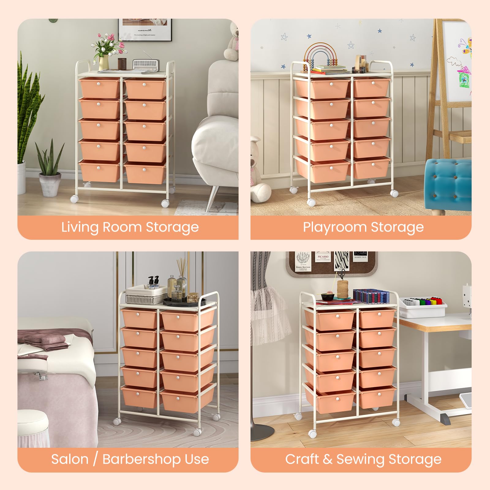 GIANTEX Chariot à roulettes empilable avec 10 tiroirs - Chariot de salle de bain avec roulettes verrouillables - Chariot de rangement pour cuisine, salle de bain, bureau - 65,5 x 37 x 87 cm - Orange