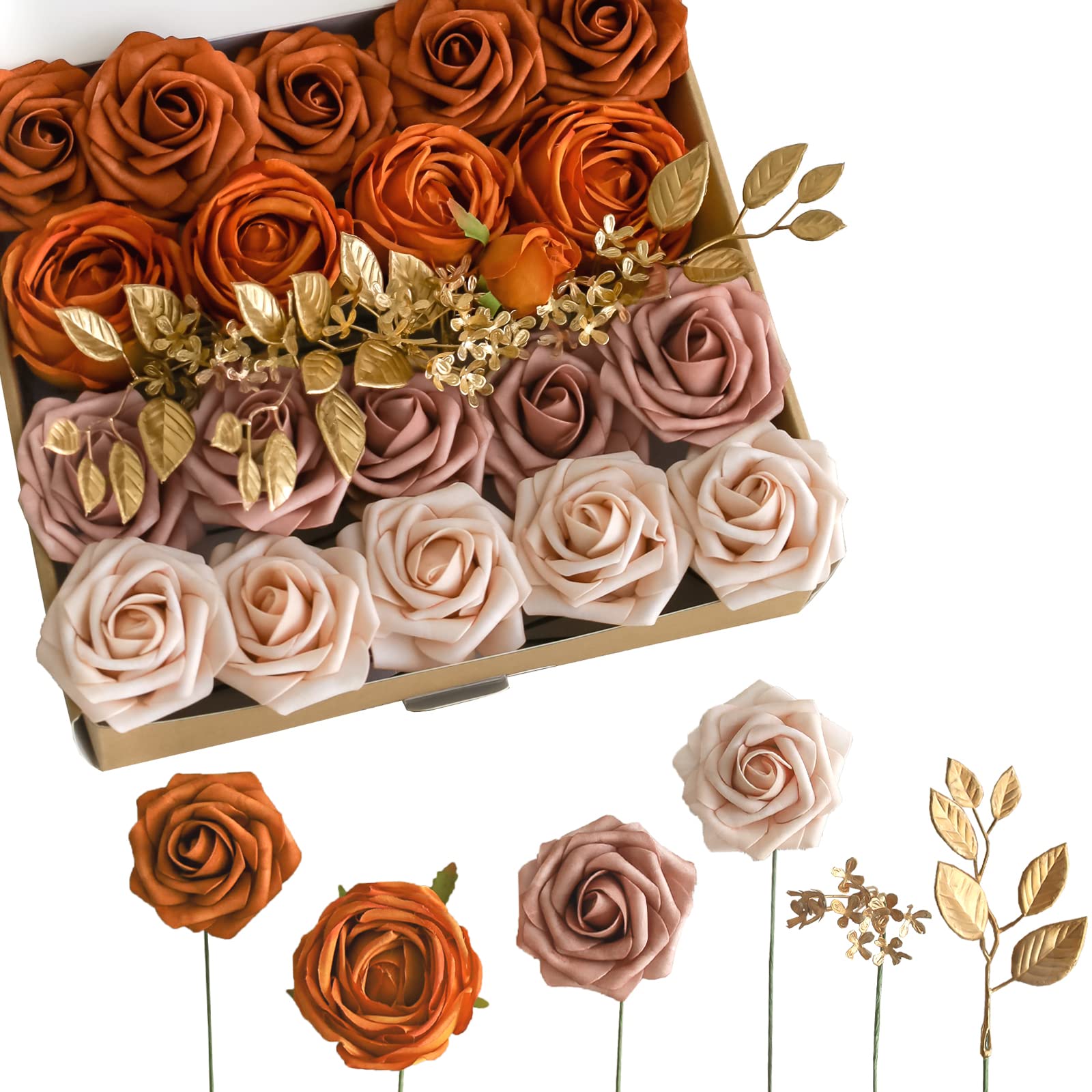 Lookein Juego de 5 flores artificiales para decoración de bodas, centros de mesa, arco de pasillo, decoración de flores, despedida de soltera, fiesta, decoración del hogar, color naranja quemado