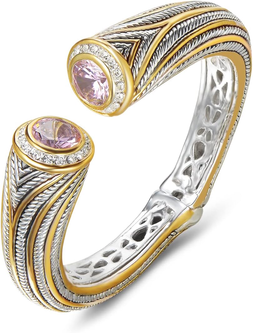 UNY JEWEL Jewelry Multi Strand Twisted Wire Cable Inlay 12mm CZ Vintage Antique Two Tone Elegant Designer Inspired Unique Spring Open Cuff Bangle