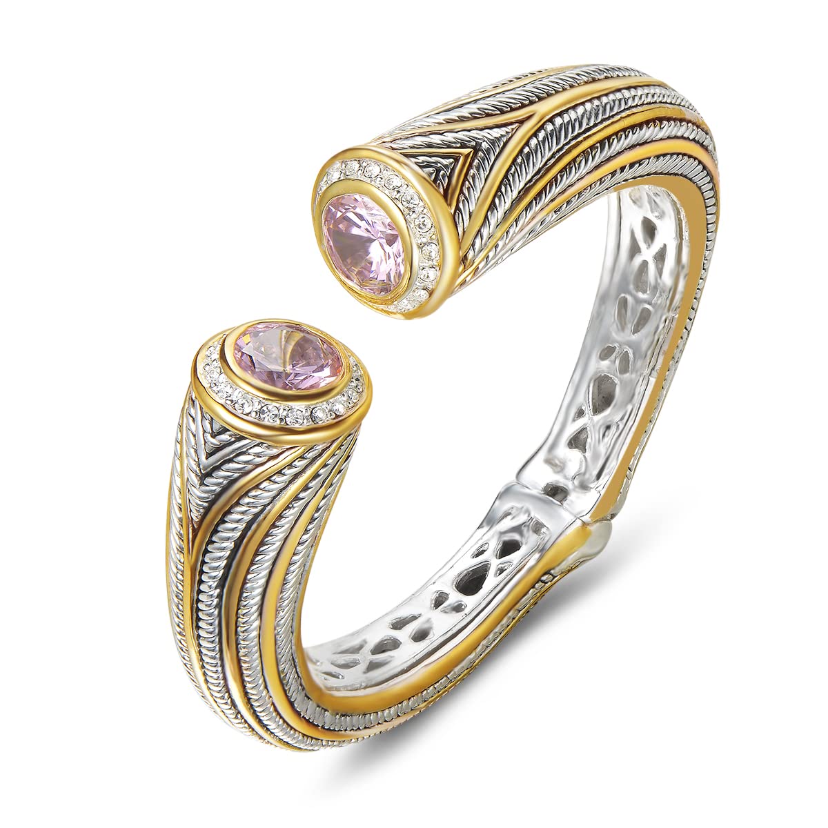 UNY JEWEL Jewelry Multi Strand Twisted Wire Cable Inlay 12mm CZ Vintage Antique Two Tone Elegant Designer Inspired Unique Spring Open Cuff Bangle