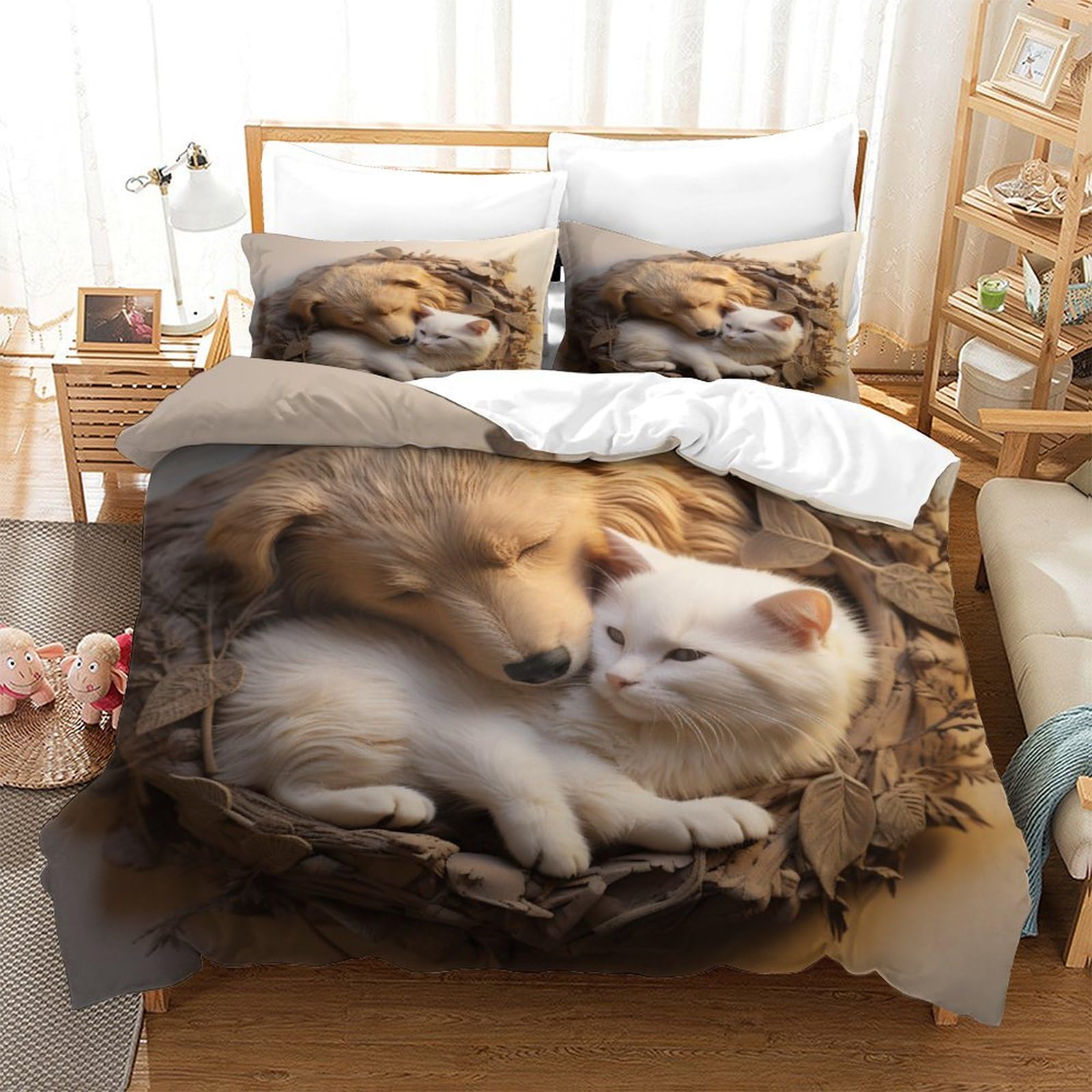 P1S9U7W5Y Cozy Pet 3D Printed Dog and Cat Duvet Cover Set 3 Pieces Microfiber Bedding Set for Bedroom Decor Adults Teens Soft Breathable Double（200x200cm）