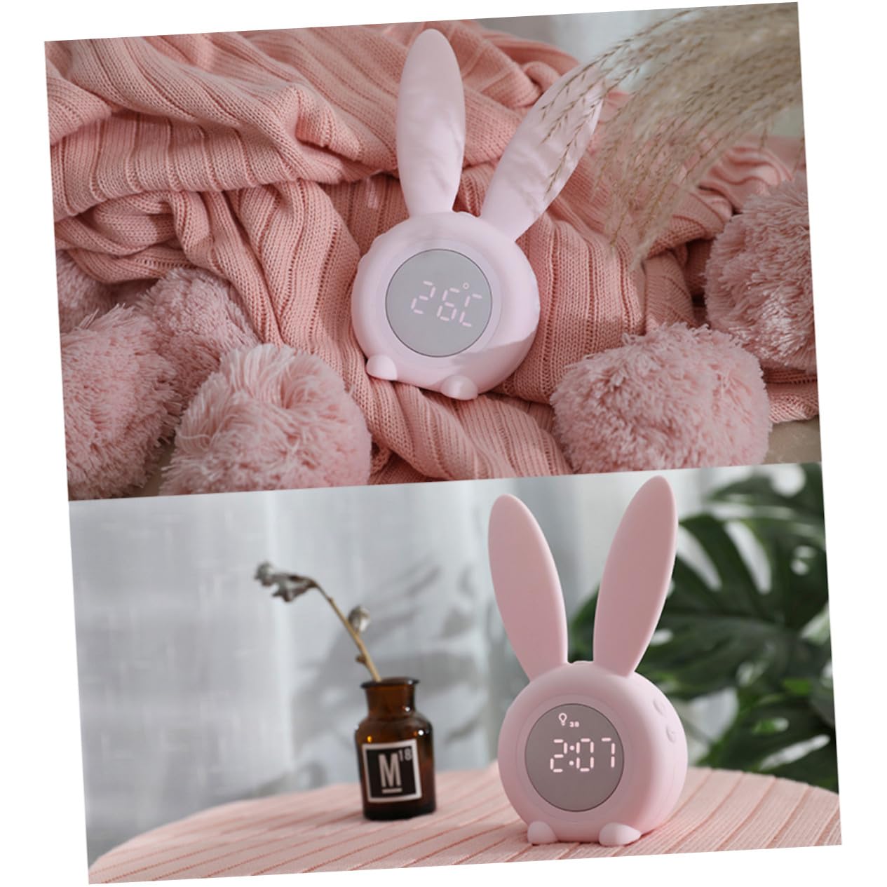 Lurrose Réveil Lapin Mignon LED Veilleuse, USB Rechargeable, Rose