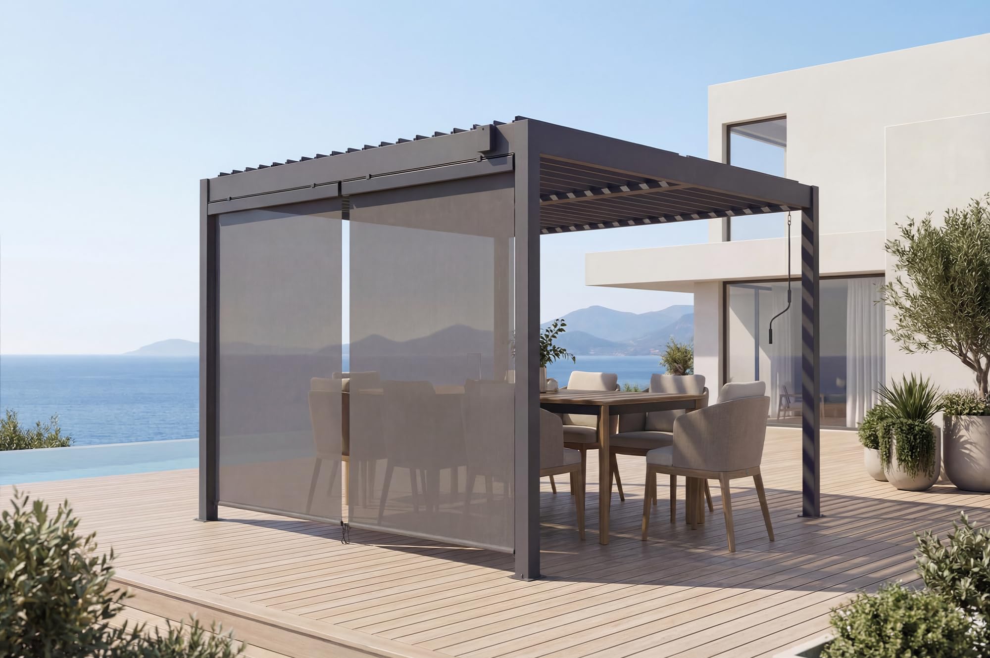 Cazeboo Pergola bioclimatique 3x2,5m autoportée Piana Aluminium Gris avec Stores rétractables côté 3m