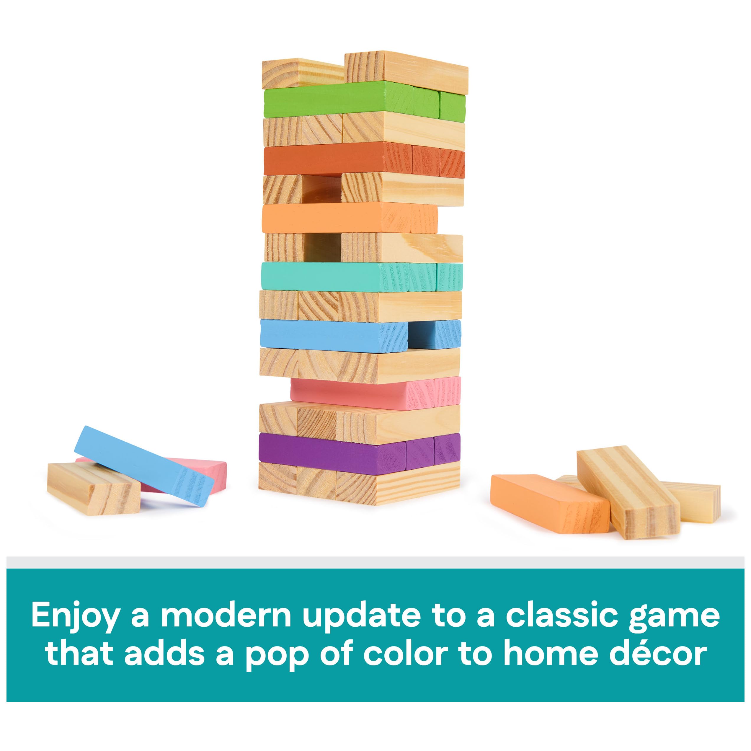 Spin Master Games, Color Classics Jumbling Tower, klassisches Stapelblöcke, Turm-Spiel, aus Holz, buntes und modernes Couchtisch-Dekor, für 2+ Spieler, ab 8 Jahren