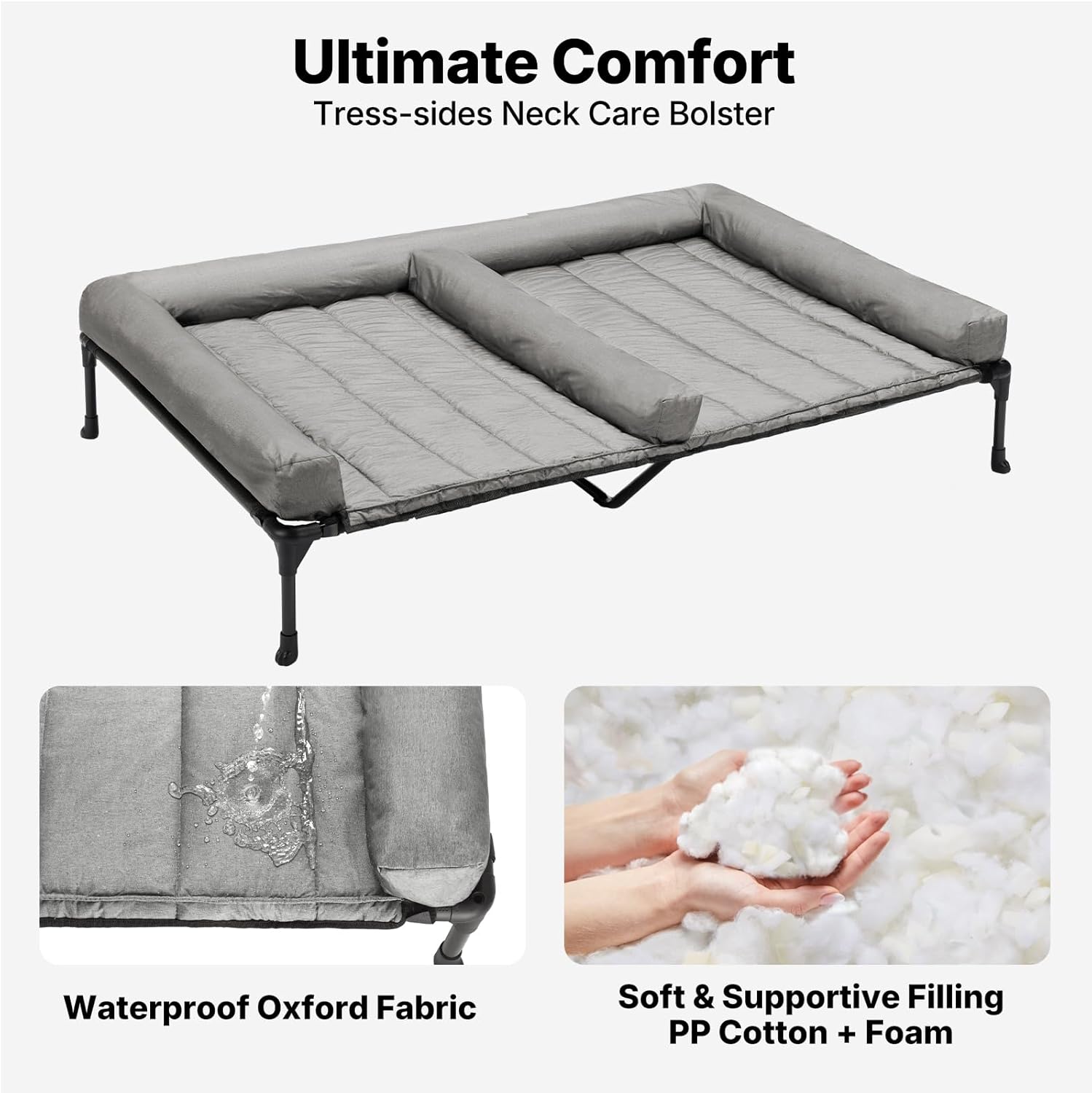 Veehoo Elevated Dog Bed for Two Dogs, Cooling Raised Dog Bed with Removable Waterproof Bolster Mat, 53" x 37.5" Double Dog Bed, Outdoor & Indoor Pet Cot with Breathable Mesh, Non-Slip Feet, Grey
