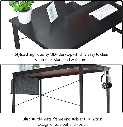 Miniatura 3 de Foxemart - Escritorio moderno de oficina de 47 pulgadas, con contenedor para almacenamiento y gancho metálico, escritorio básico resistente para