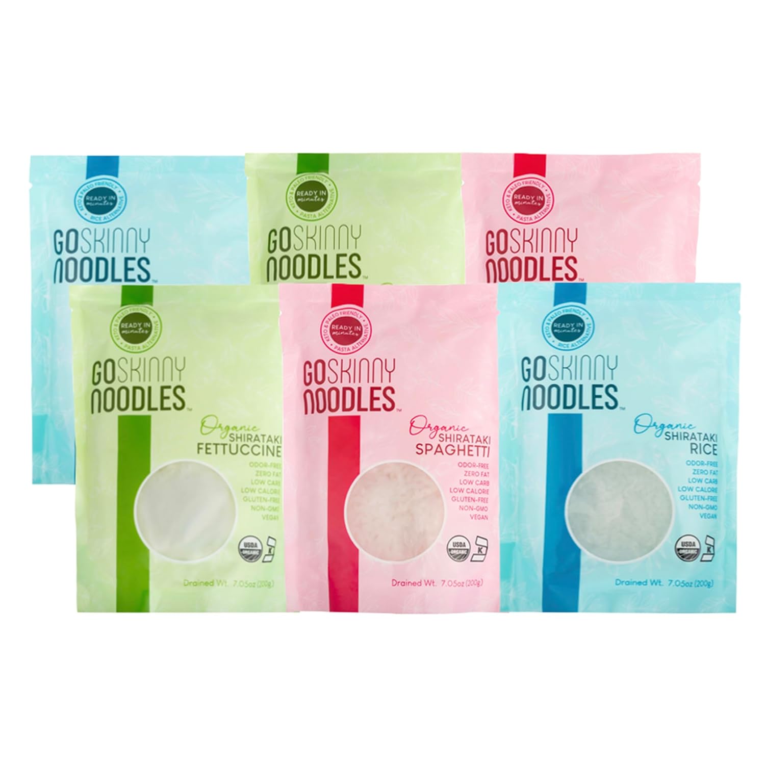 GoSkinny Noodles Combo (6 Pack), Spaghetti, Fettuccine and Rice, Organic Shirataki & Konjac, Low Carb, Low Calorie, Gluten Free, Vegan, Keto, Ready in Minutes, Skinny Noodles, 7.05 oz