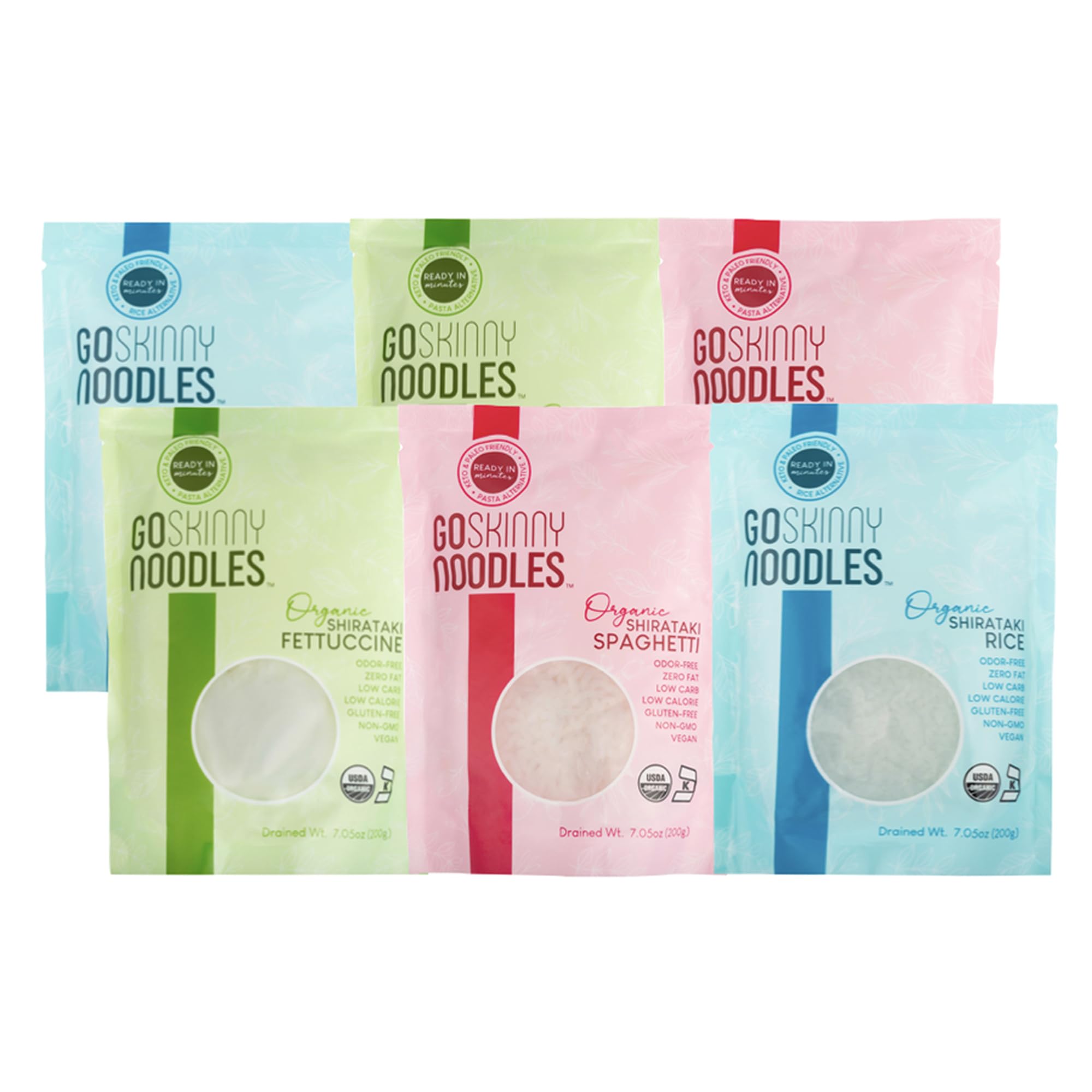 GoSkinny Noodles Konjac Combo 6 Pack, Spaghetti, Fettuccine & Rice, 7.05 oz | Organic Shirataki, Low Carb, Low Calorie, Gluten Free, Vegan, Keto