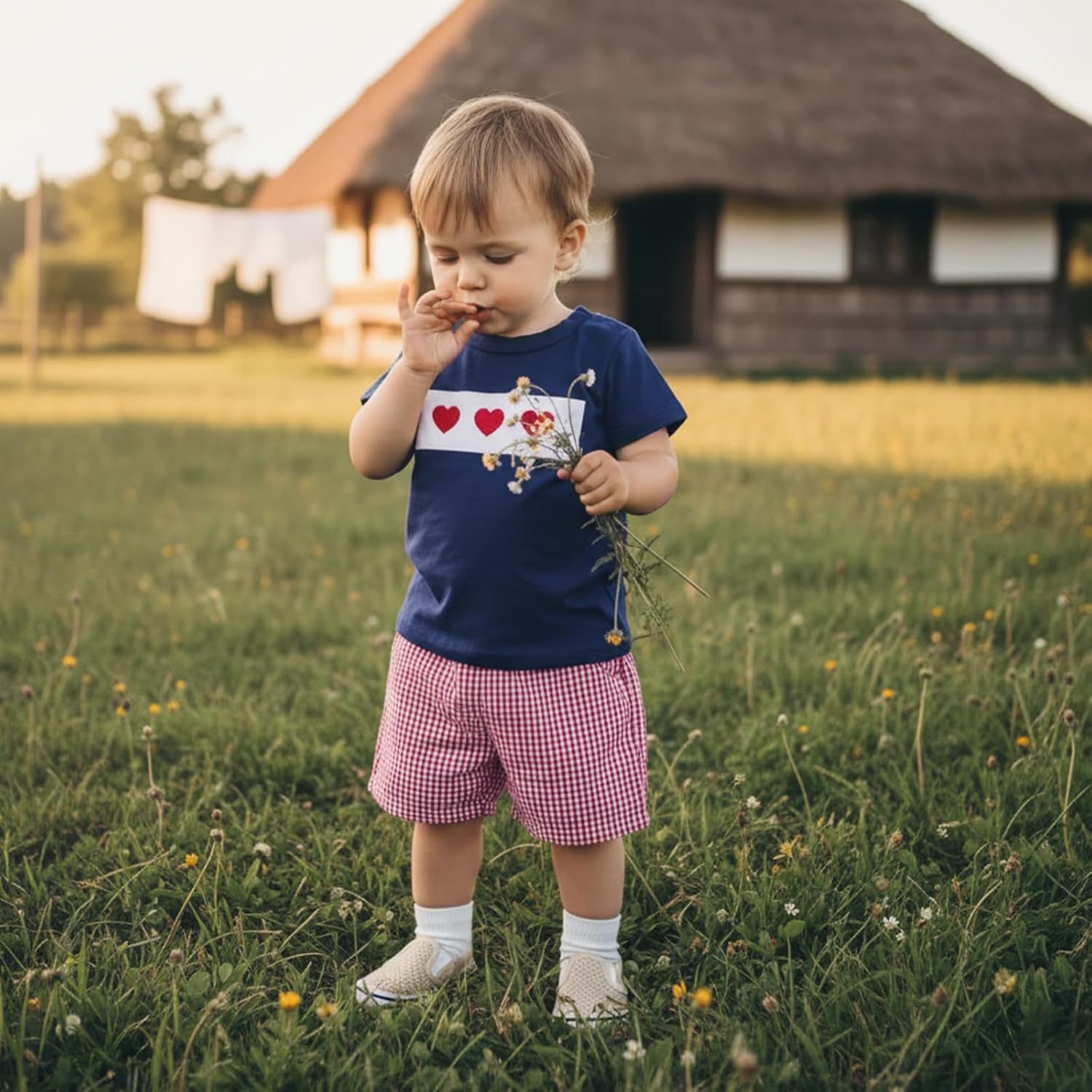 Toddler Baby Boy Valentines Outfit Heart Embroidery Short Sleeve T Shirt and Plaid Shorts 2 Piece Clothes Set - Image 2