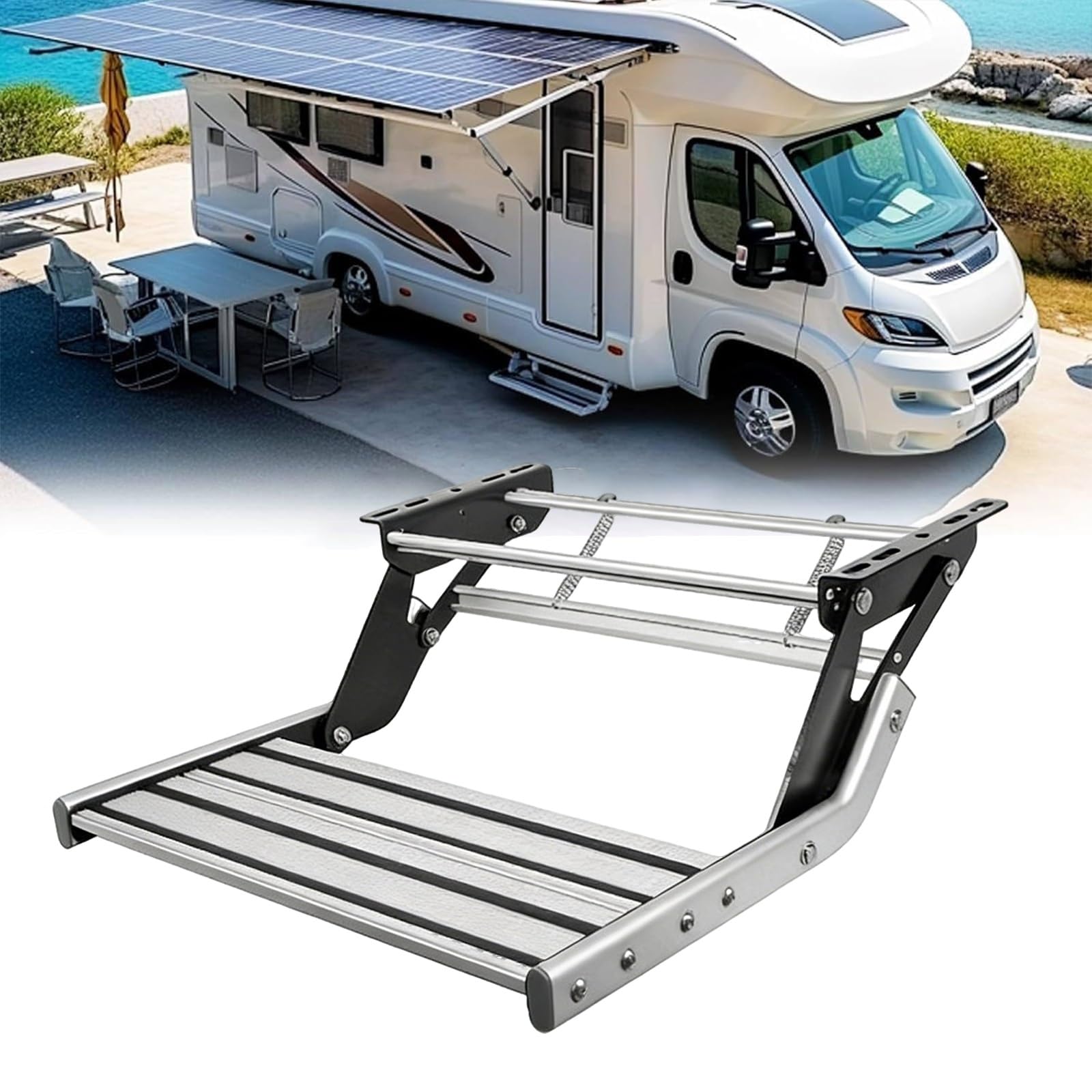 Escalón Plegable Manual Para Autocaravana - Capacidad 200KG, Estructura Ensanchada De Aluminio Antideslizante Reforzado. Iluminación LED 12V Opcional. Para Caravanas(With LED lights,Single layer)