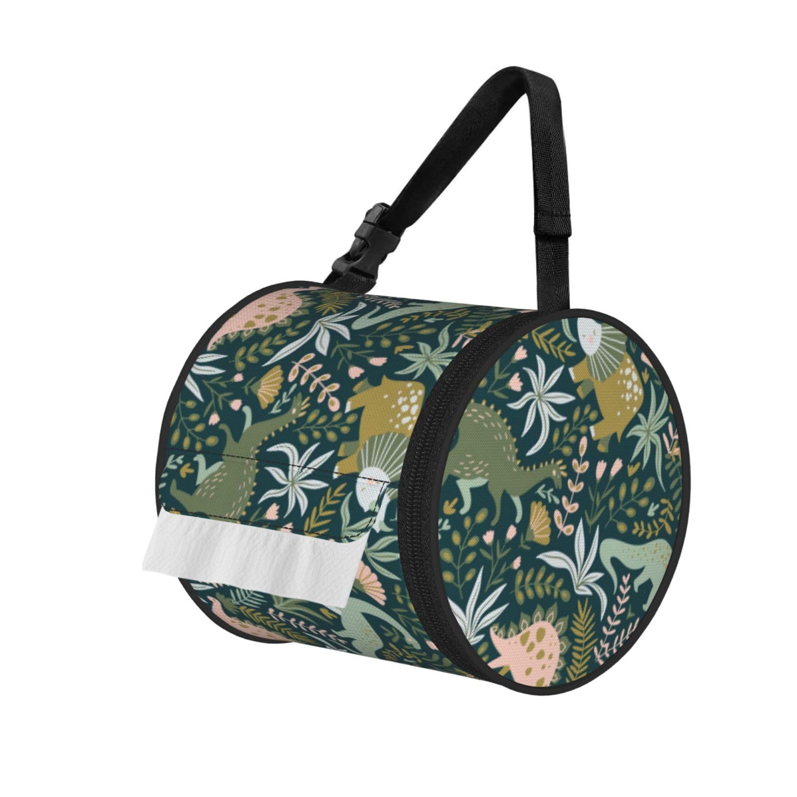 Cute Dinosaur Print Round Paper Tissue Holder With Shoulder Strap, Portable Roll Case For Caravan Travel Use