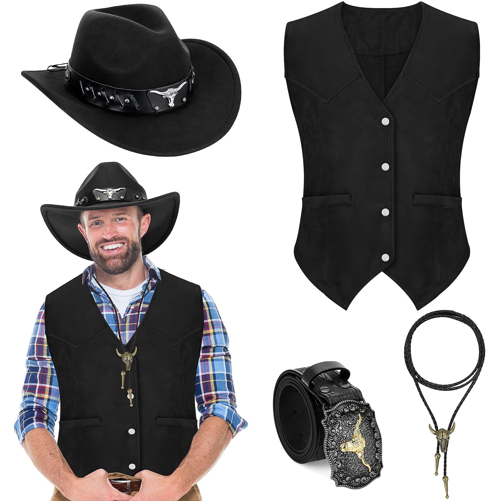 MALLOOM Ensemble de 4 Pièces Tenue Western pour Homme – Gilet Cowboy en Suédine, Chapeau, Cravate Bolo et Ceinture avec Boucle pour Déguisement Halloween