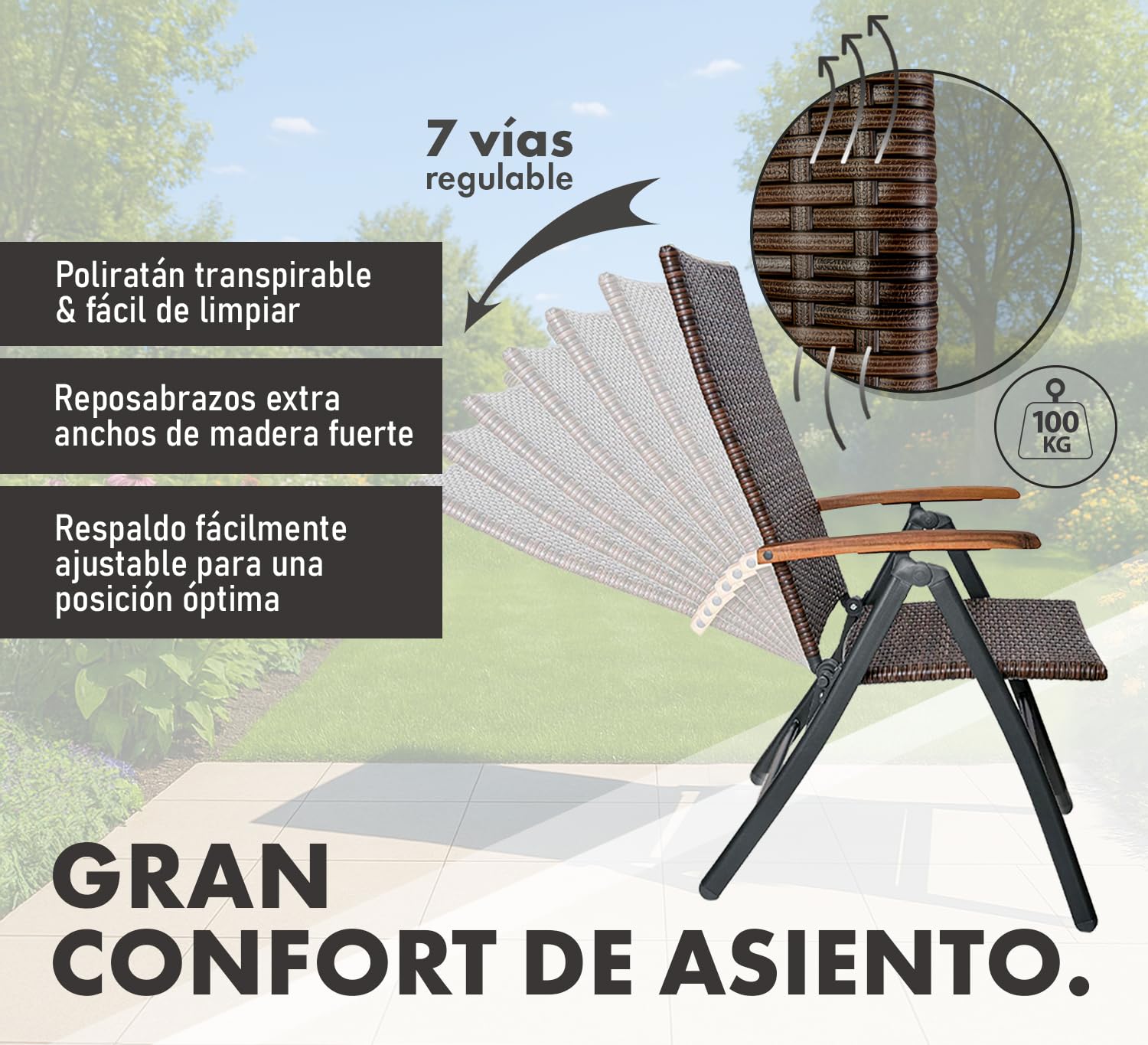 BRUBAKER Modena Silla de Jardín - Respaldo Alto Plegable - Respaldo Regulable en 7 Posiciones - Sillas Plegables Metal - Resistentes a la Intemperie - Gris/Marónn