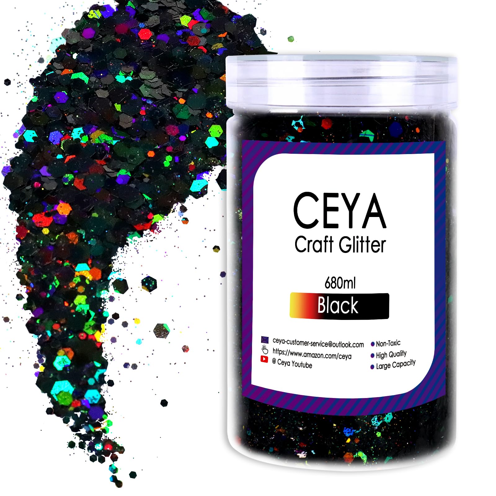 Ceya Holographic Chunky Glitter, 1 LB/ 16OZ Laser Black Bulk Craft Glitter Mixed Chunky Fine Glitter Bottled Metallic Flake Nail Sequins for Resin,