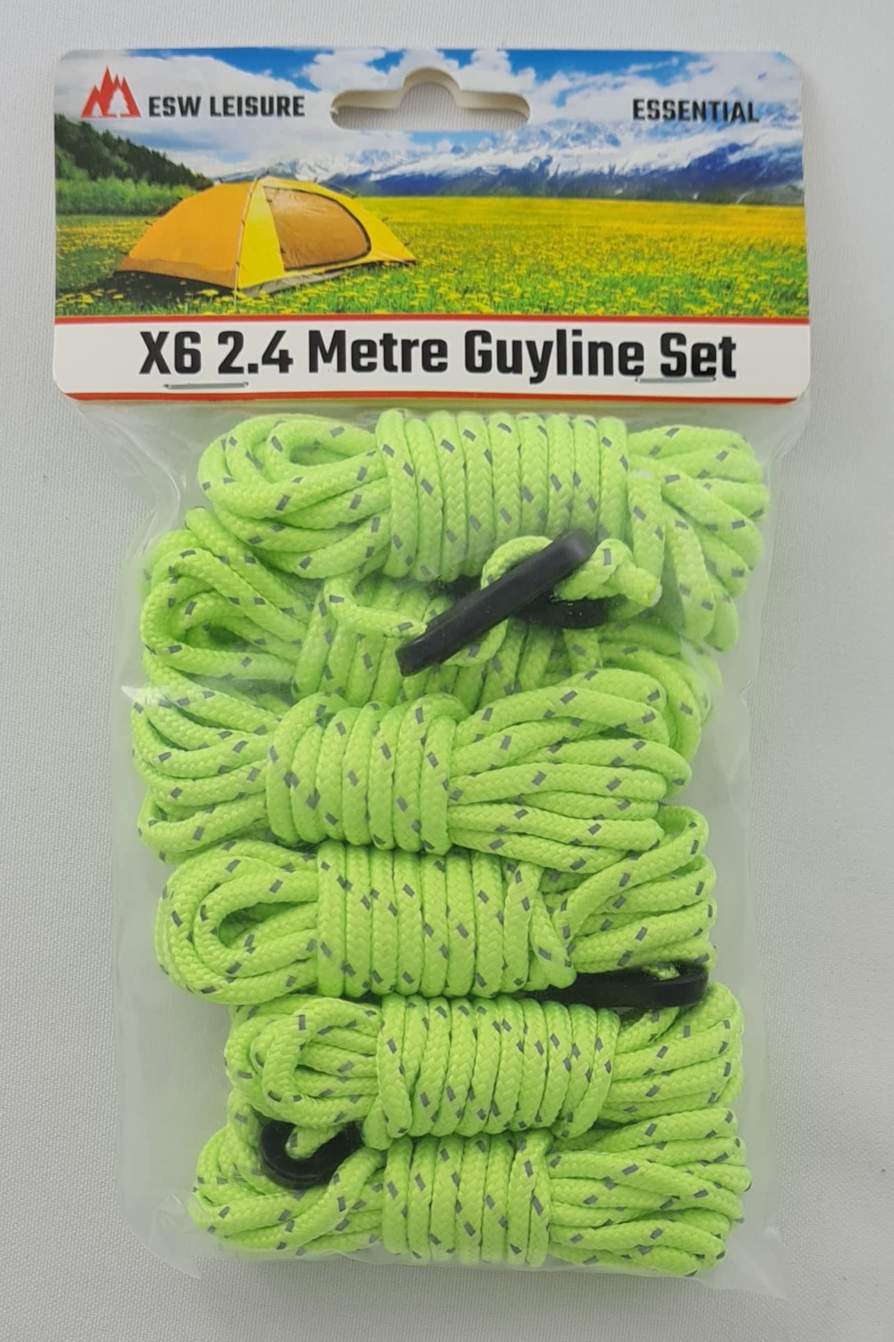 Esw Leisure Reflective Fluorescent 2.4 Guyline Ropes 6 Pack For Tents Awning Camping Strong Lightweight Paracord Guy Rope With Tensioner Guy Lines Fishing Umbrella Caravan Gazebo (Reflective Fluorescent, 2.4 Metre 6 Pack)